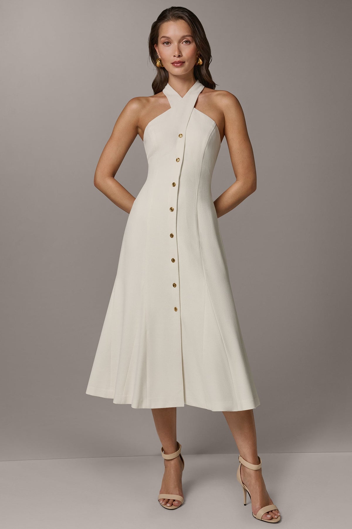 SLEEVELESS CROSS-FRONT MIDI HALTER DRESS - Cream