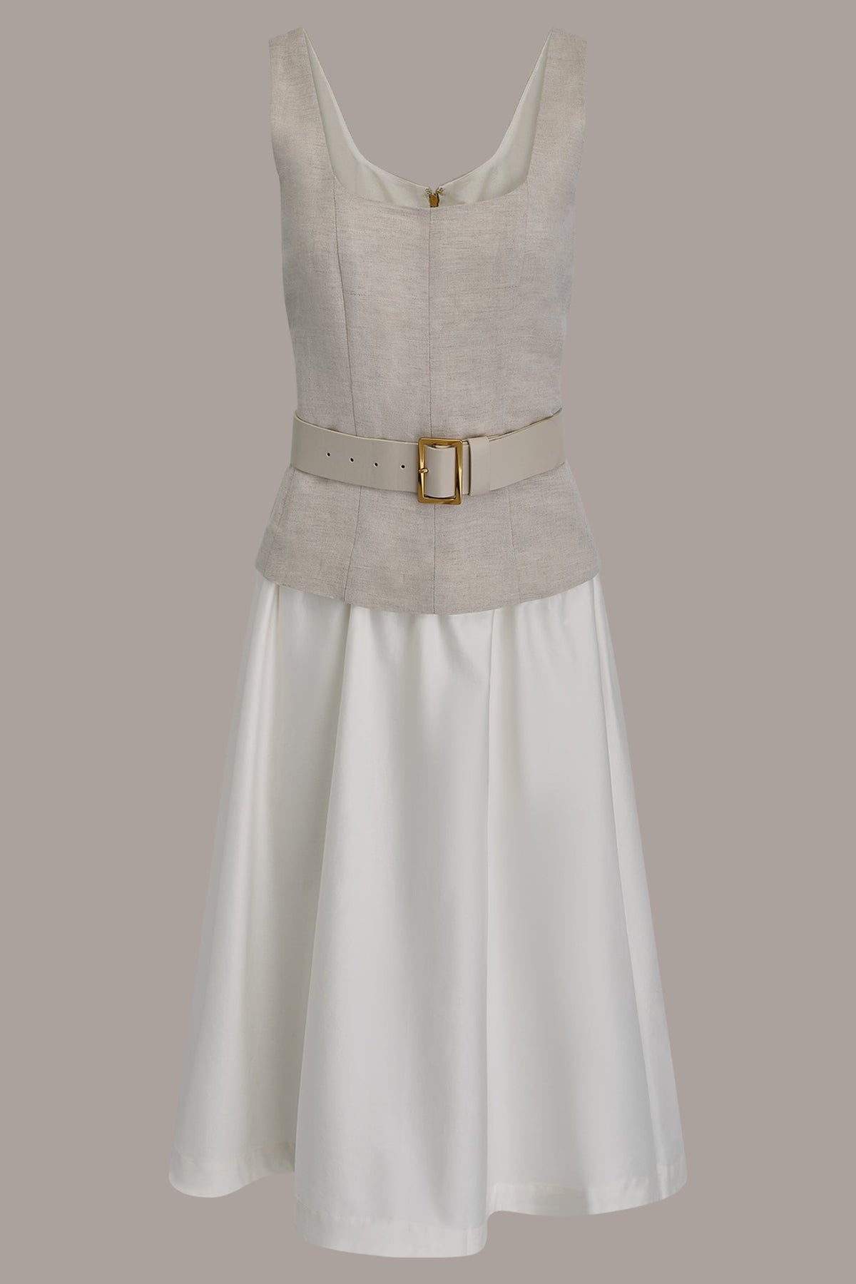 SLEEVELESS MIDI FIT AND FLARE DRESS - Natural Combo