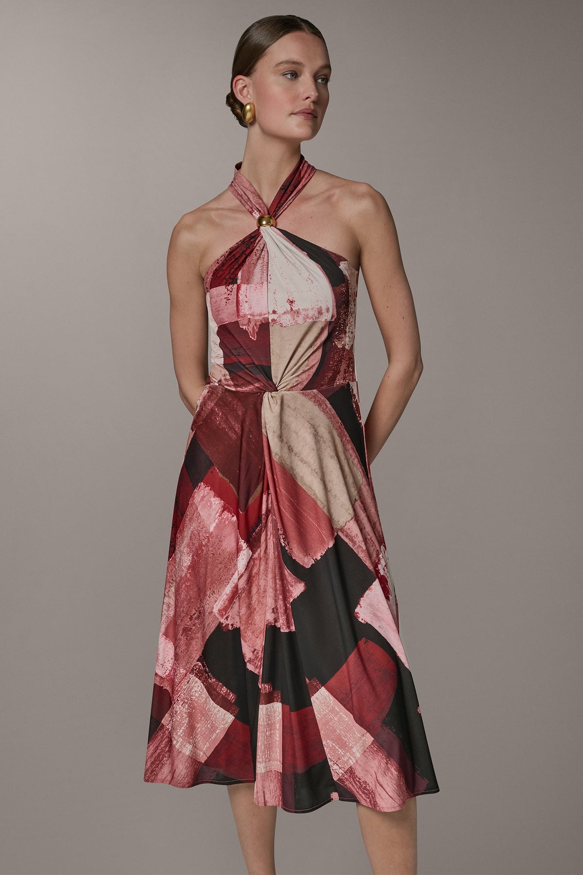 SLEEVELESS MIDI HALTER DRESS - Desert Clay Multi