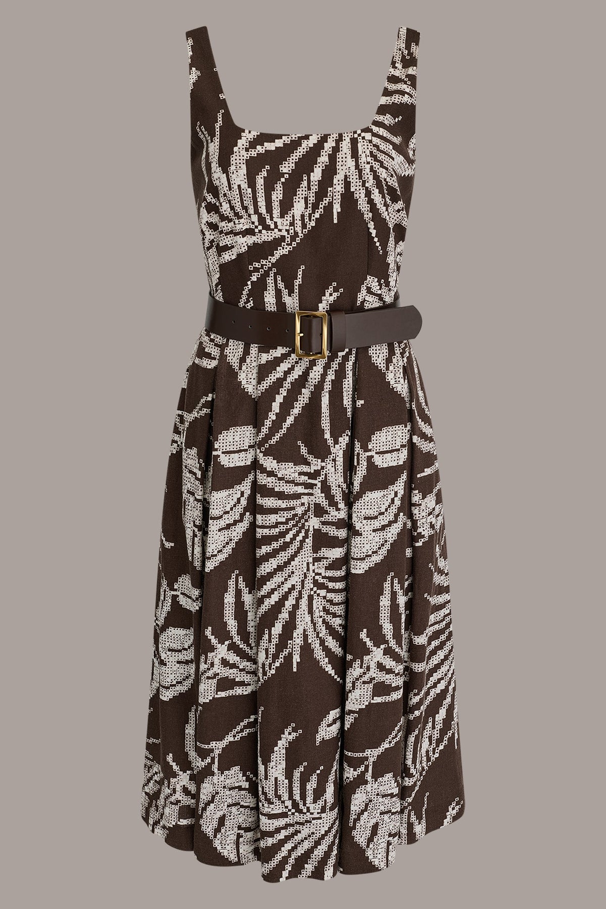 SLEEVELESS SQUARE NECK PRINTED BELTED MIDI FIT AND FLARE DRESS - Canyon Multi