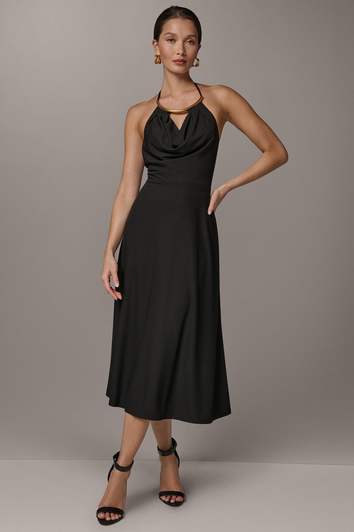 SLEEVELESS COWL NECK MIDI HALTER DRESS - Black