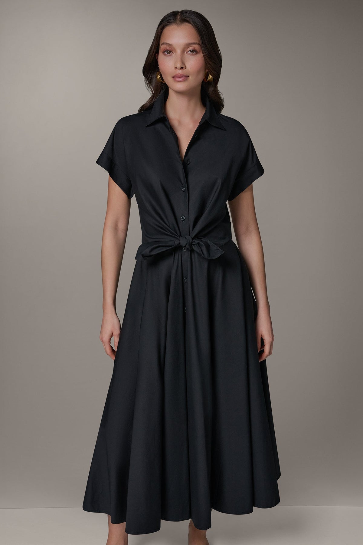 SHORT SLEEVE TIE FRONT MAXI SHIRT DRESS - Black