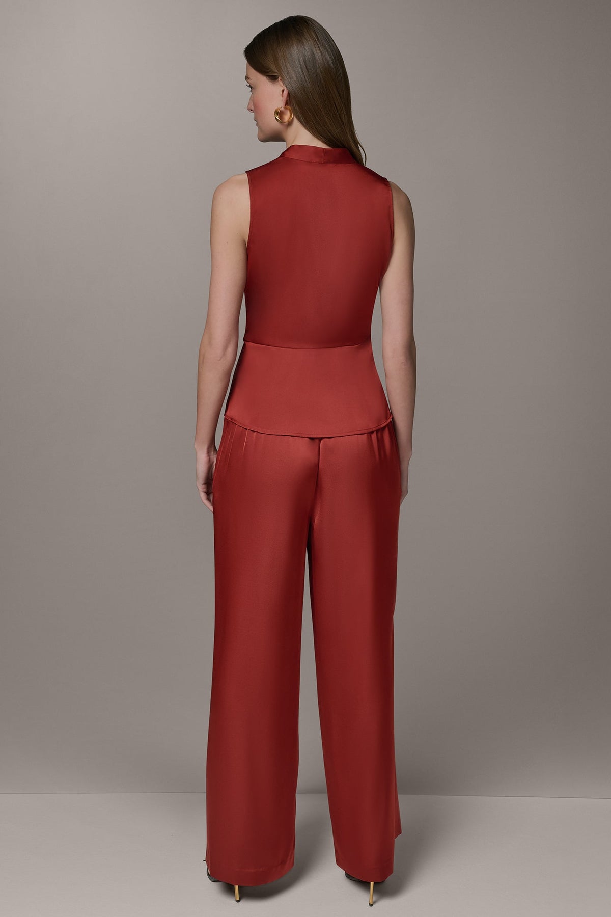 SLEEVELESS WRAP-EFFECT ASYMMETRIC PEPLUM BLOUSE - Sunbaked