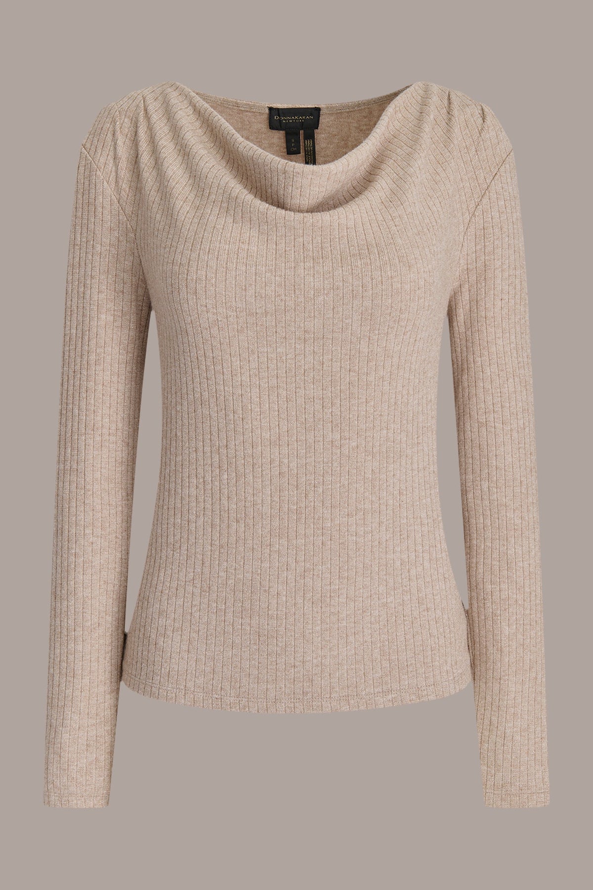 METALLIC COWL-NECK RIB-KNIT BLOUSE - FAWN HEATHER