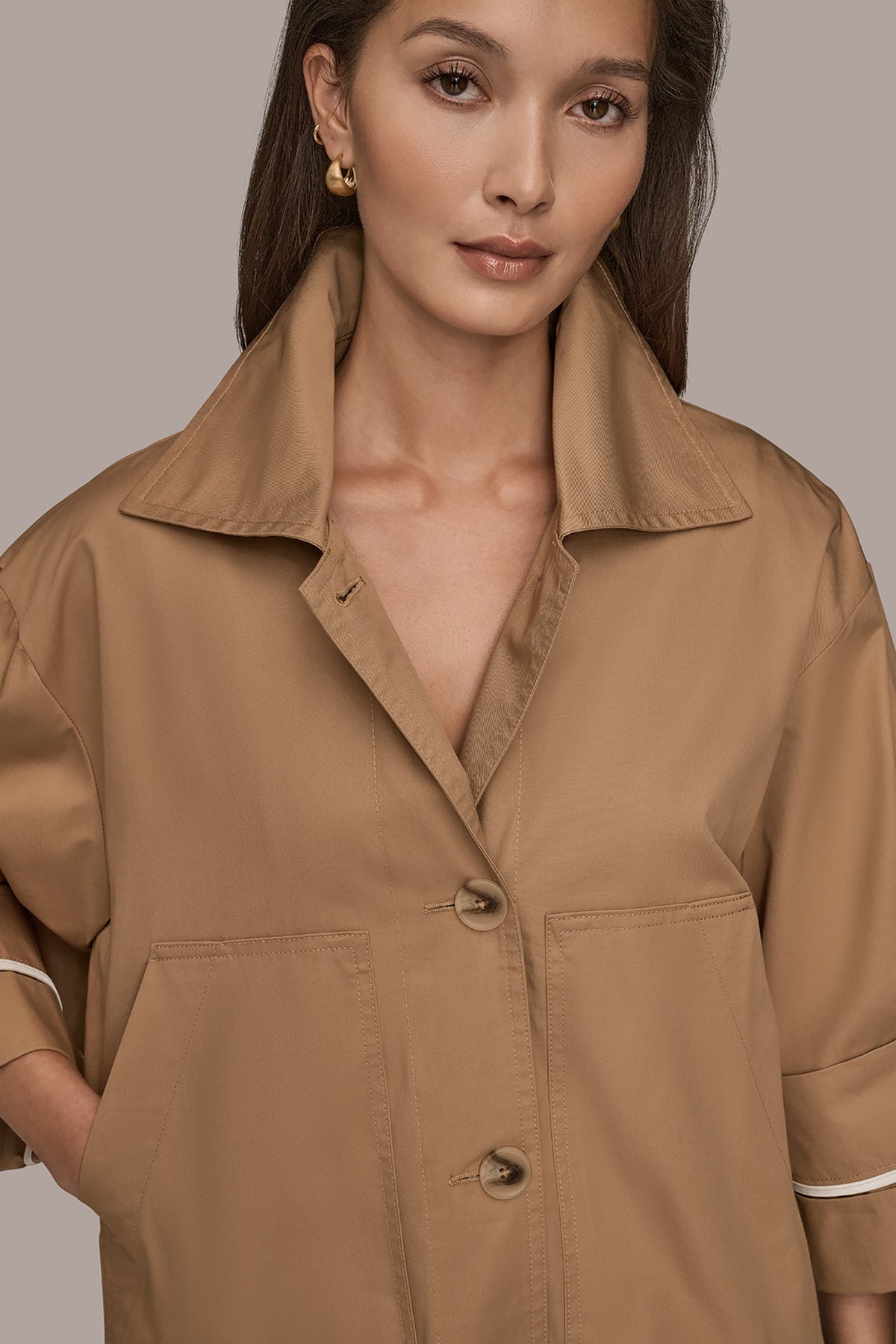 3/4-SLEEVE COTTON GABARDINE SWING JACKET - FAWN