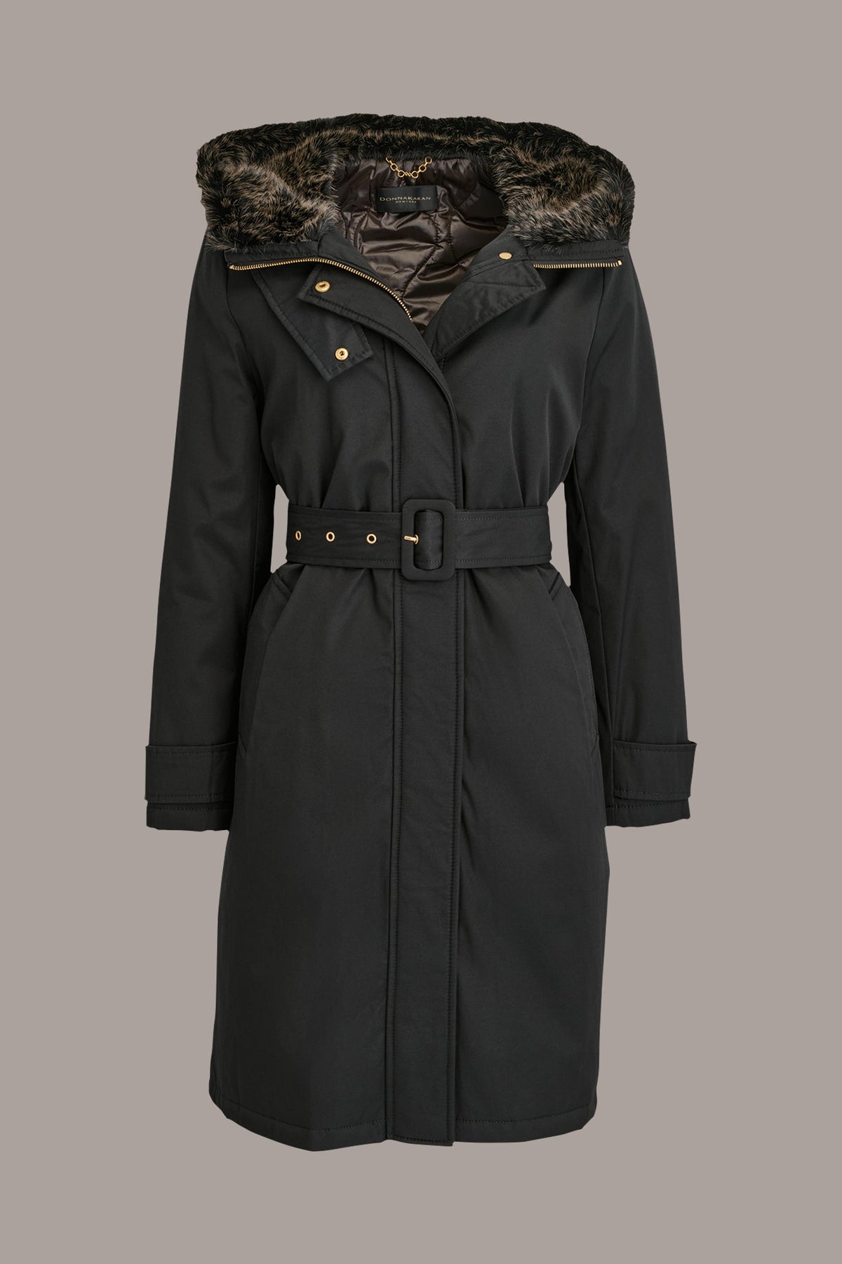 FAUX FUR TRIM LINED RAIN COAT - Black