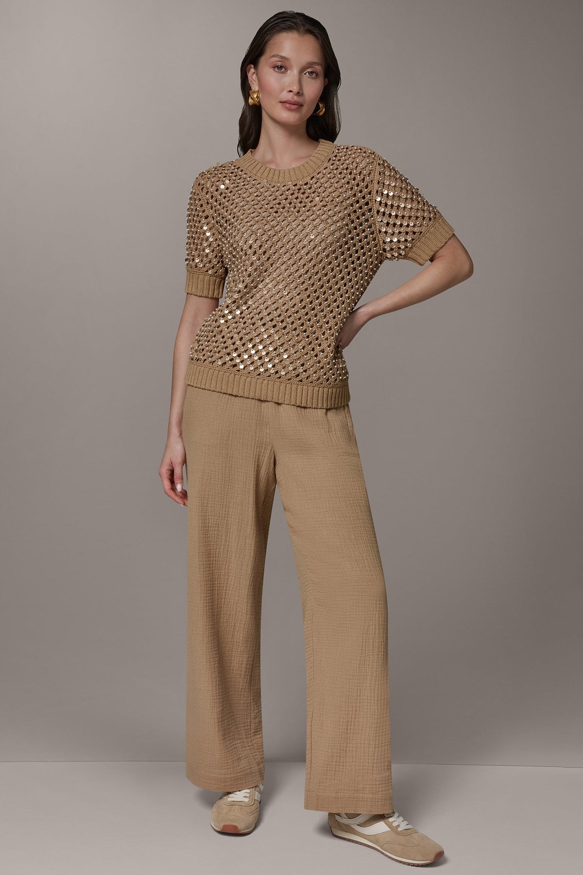 SHORT SLEEVE PEARL SEQUIN SWEATER - Fawn
