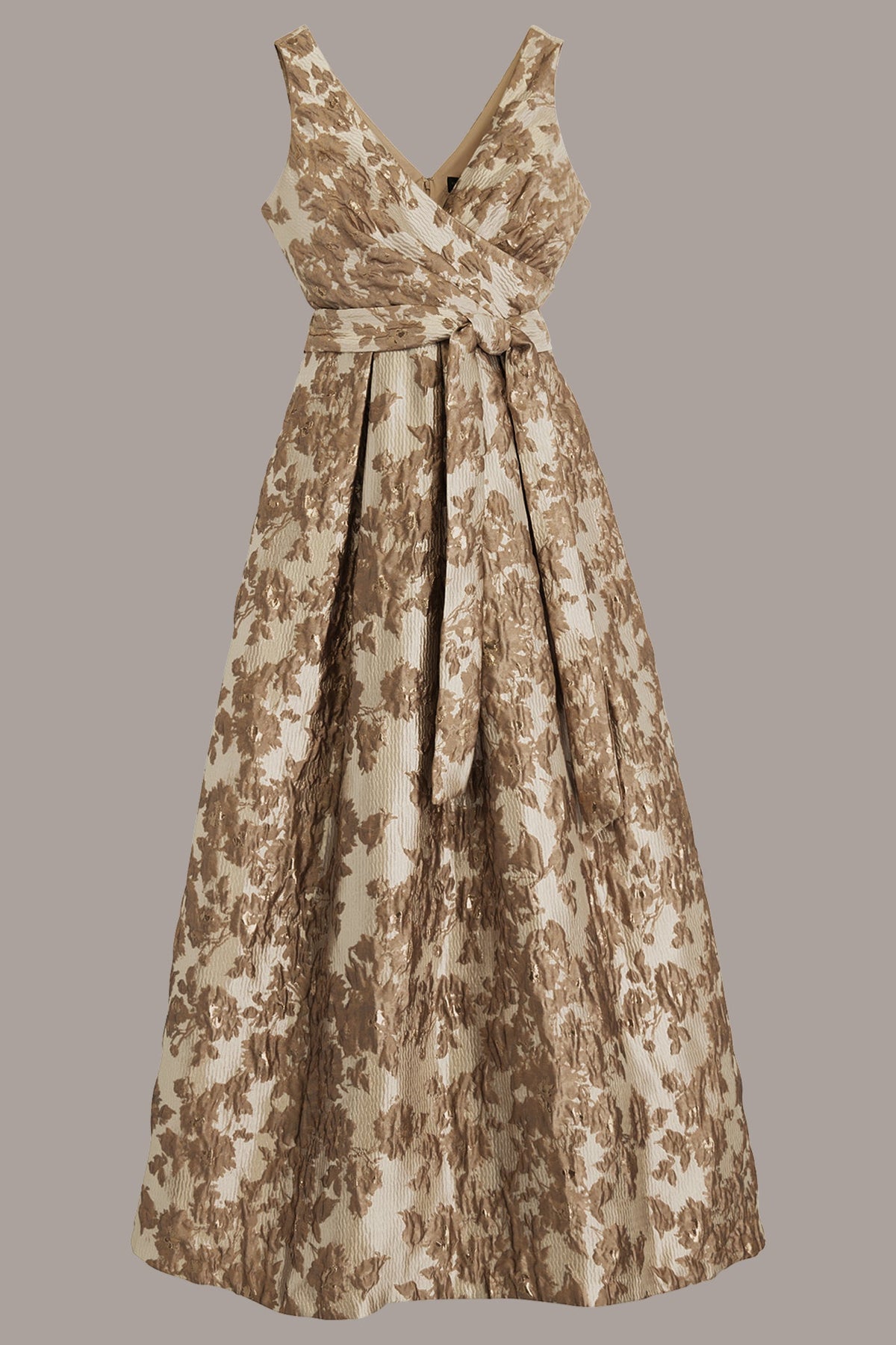 BROCADE SLEEVELESS WRAP BALL GOWN - Frosted Beige Multi