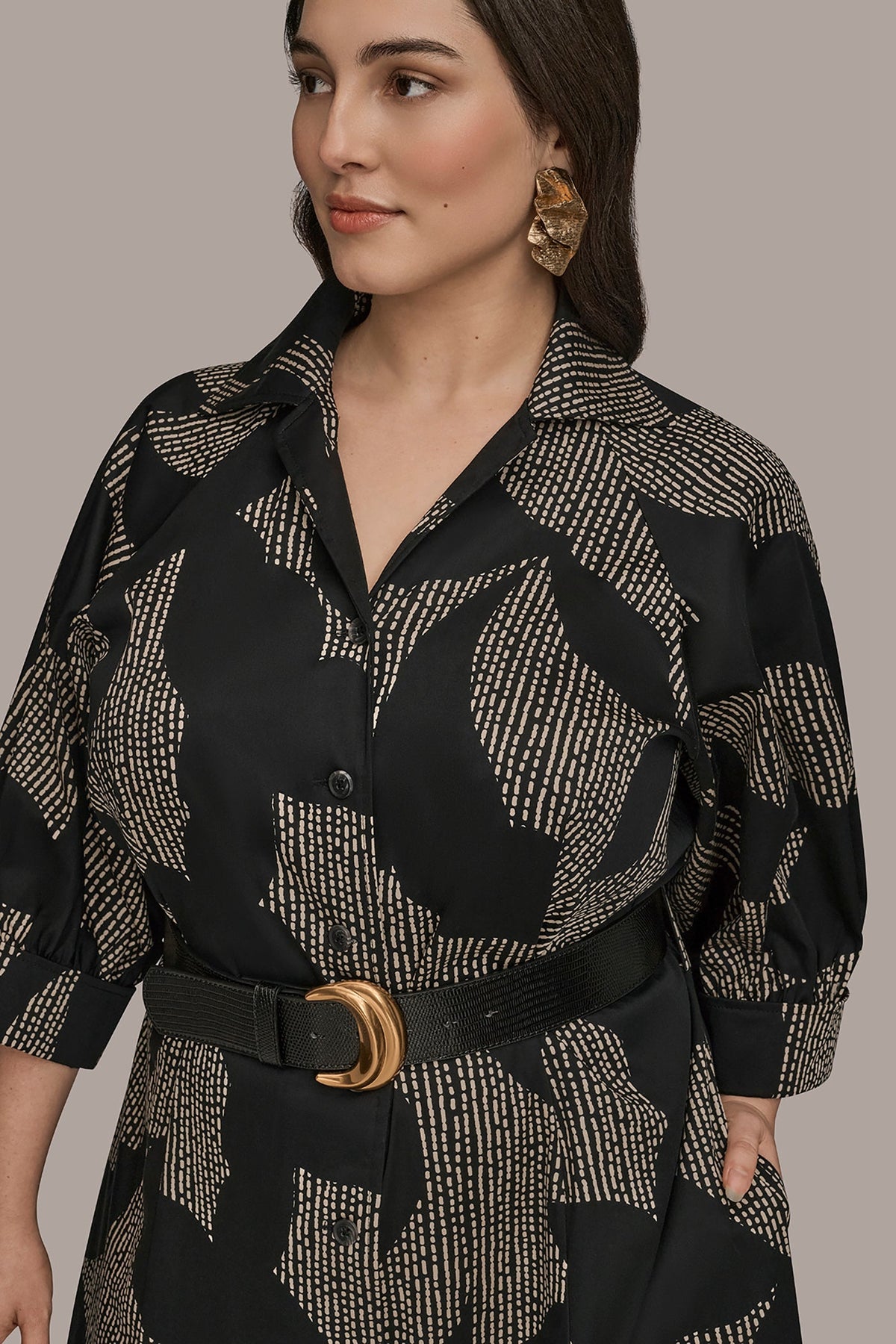 COTTON FLORAL MIDI SHIRT DRESS - Black