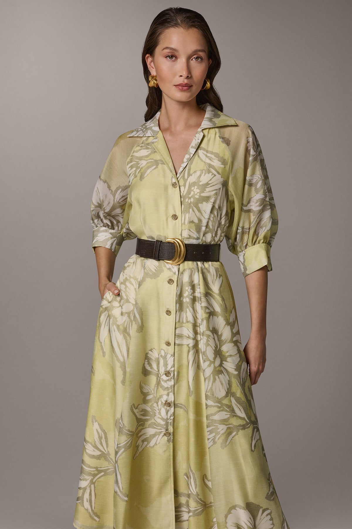 PUFF SLEEVE MIDI SHIRT DRESS - Summer Citron Multi