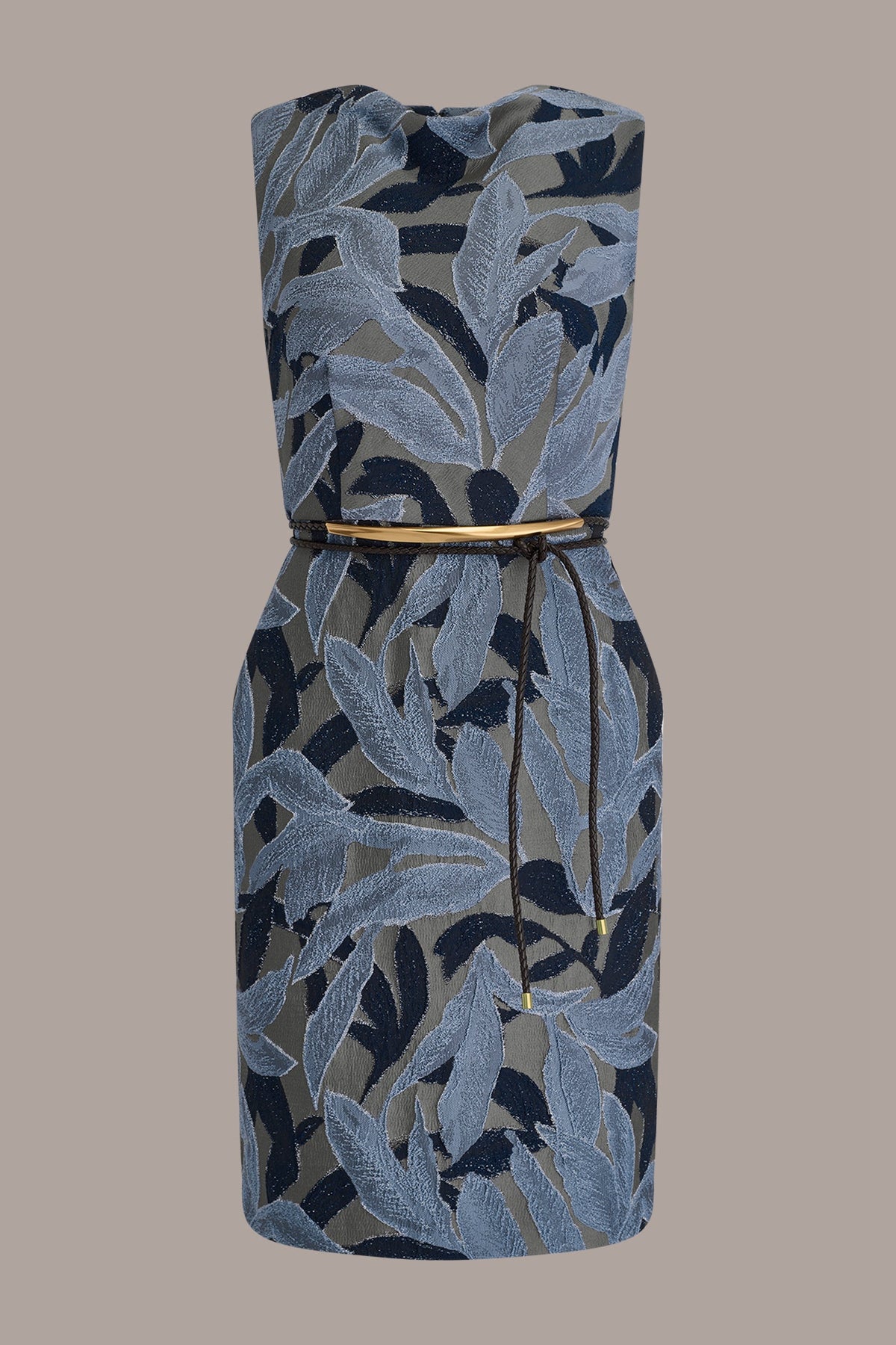 JACQUARD SLEEVELESS COWL-NECK SHEATH DRESS - VAPOR MULTI