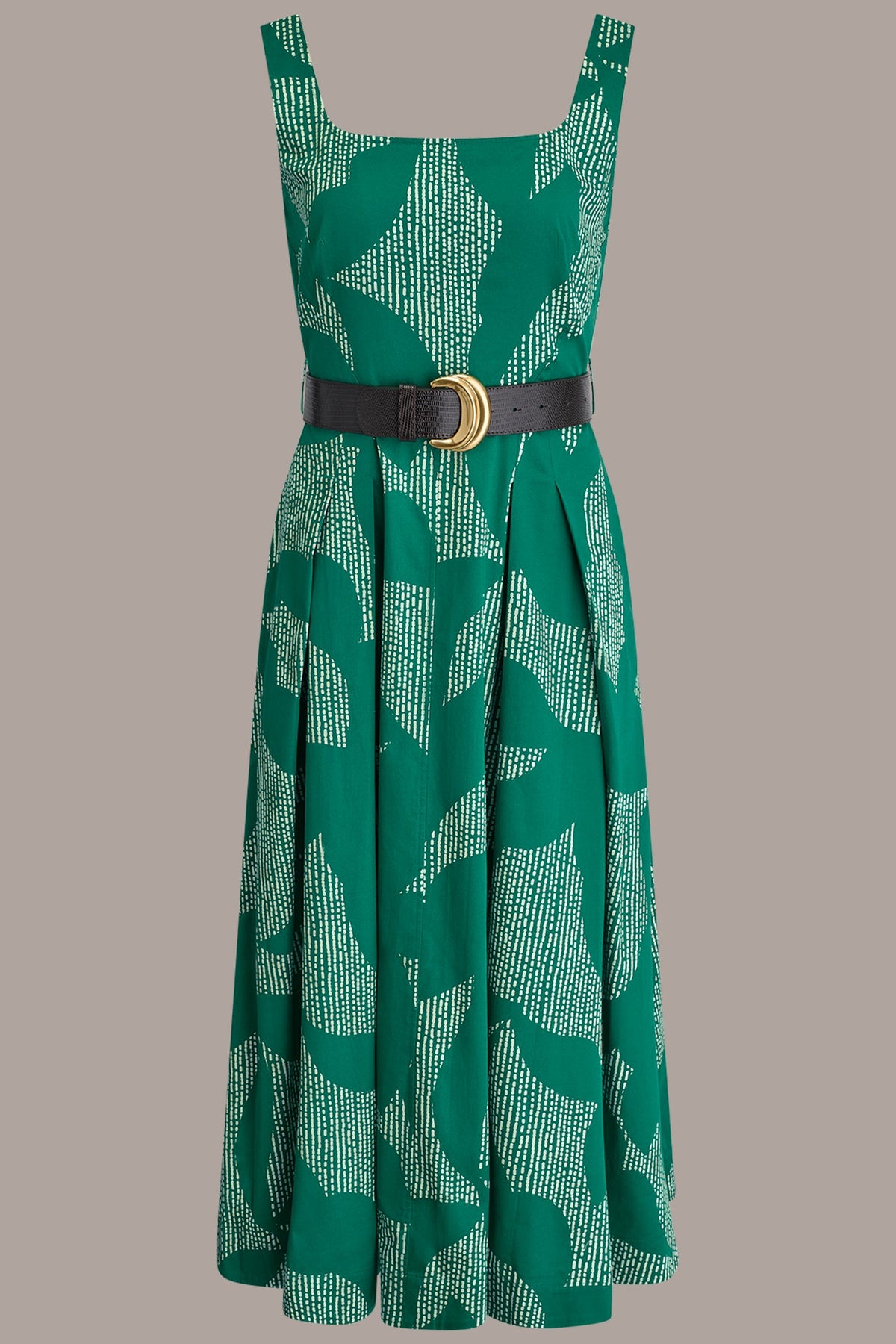 STRETCH COTTON-POPLIN PRINTED PLEATED MIDI A-LINE DRESS - Lawn/Cream