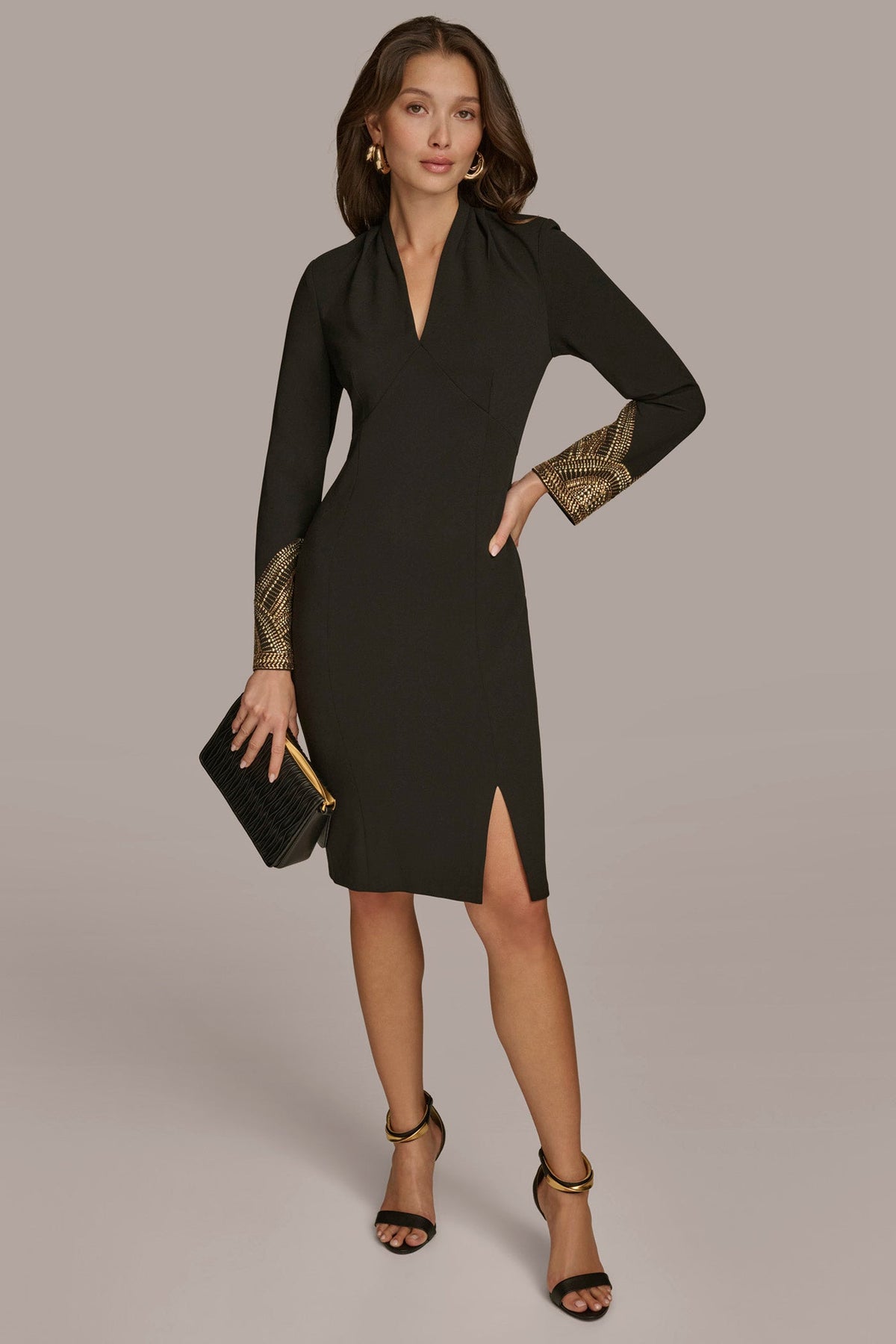 LONG SLEEVE V-NECK SHEATH DRESS - BLACK/GOLD