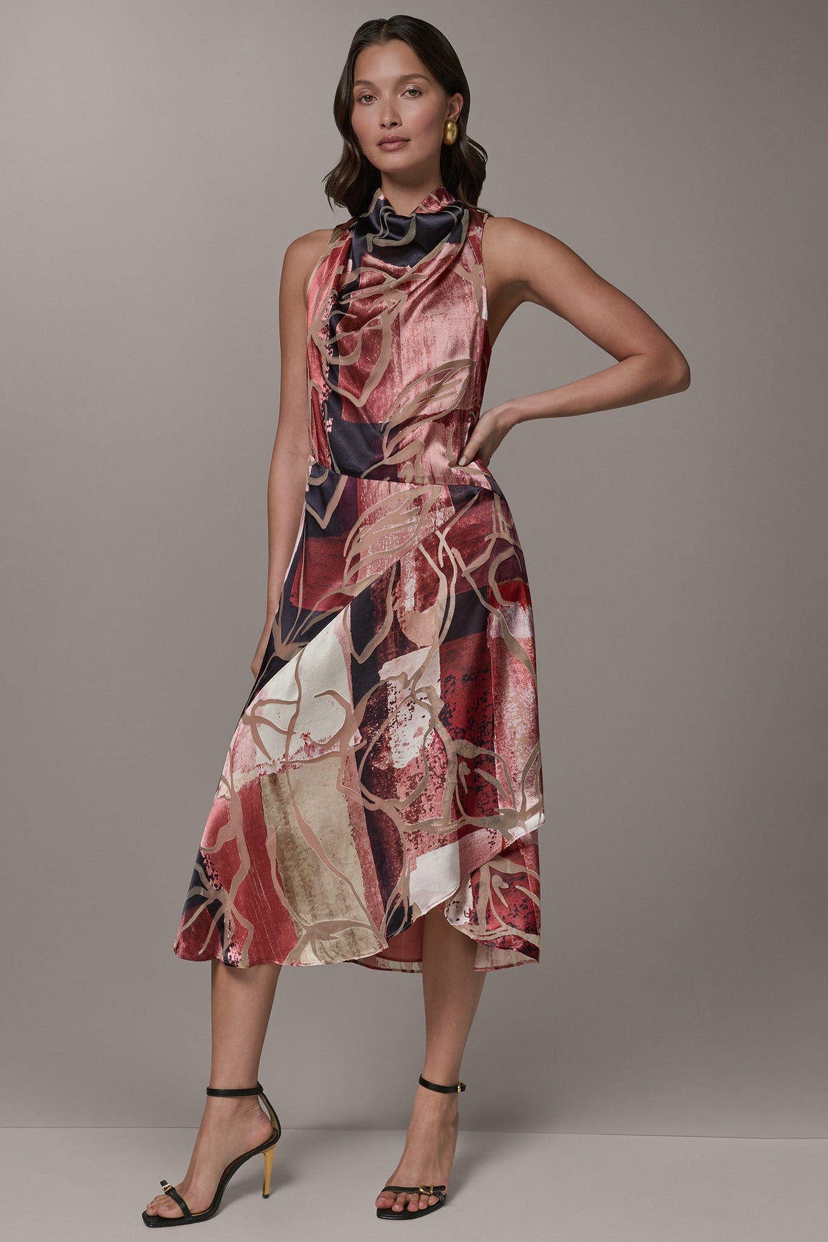 SLEEVELESS COWL NECK MIDI A-LINE DRESS - Burnout Multi