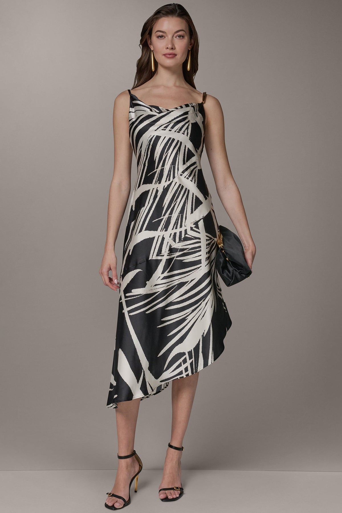ASYMMETRIC MIDI SLIP DRESS - Black Cream