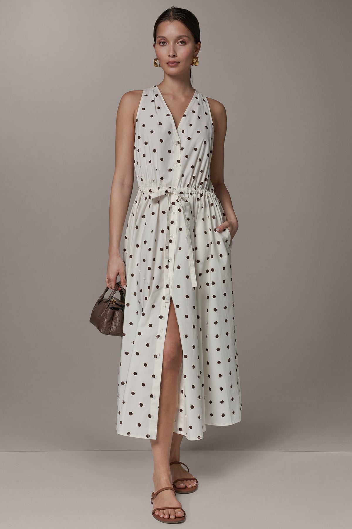 SLEEVELESS MIDI HALTER DRESS - Cream Distressed Dot