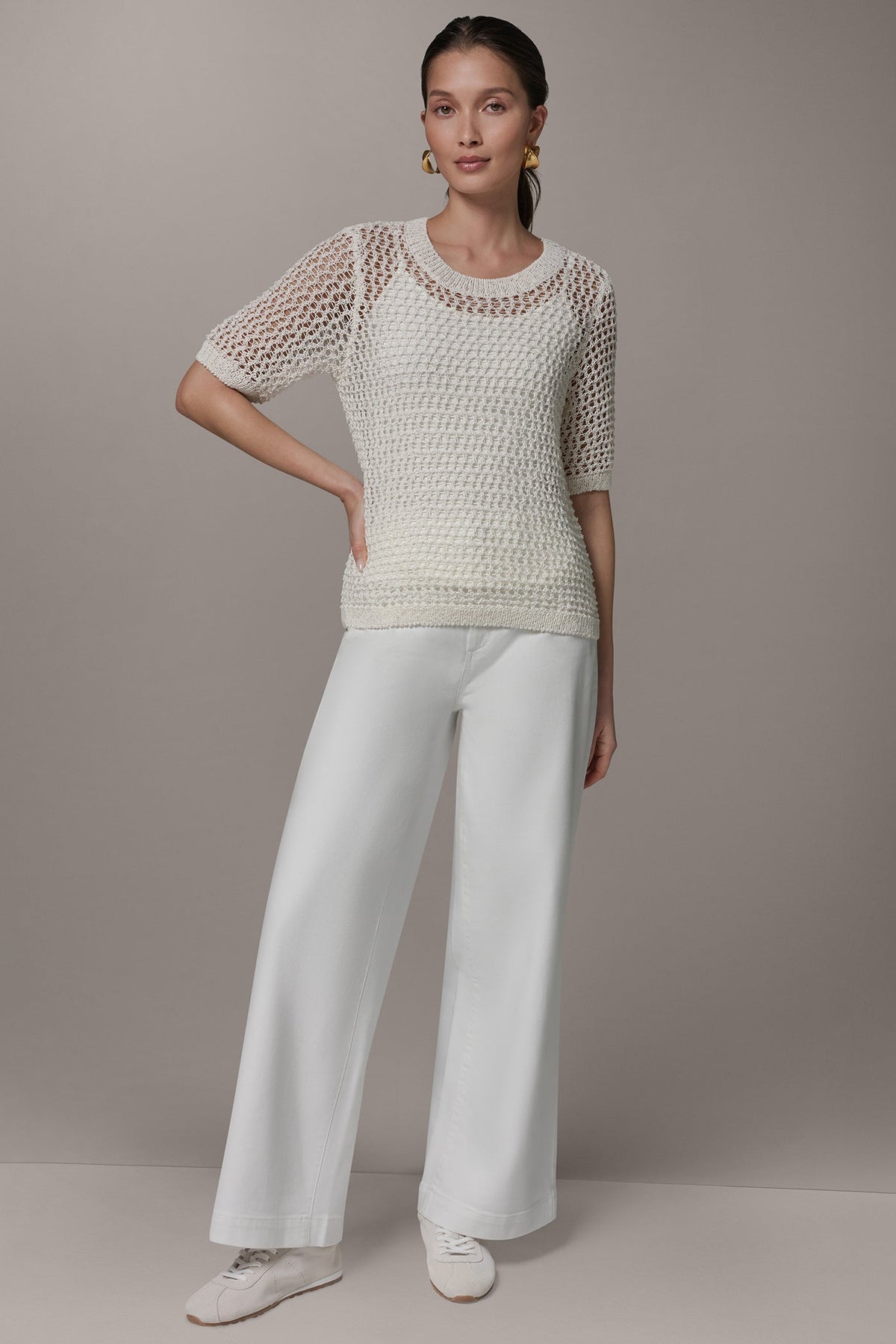 SHORT SLEEVE OPEN STITCH SWEATER - Cream