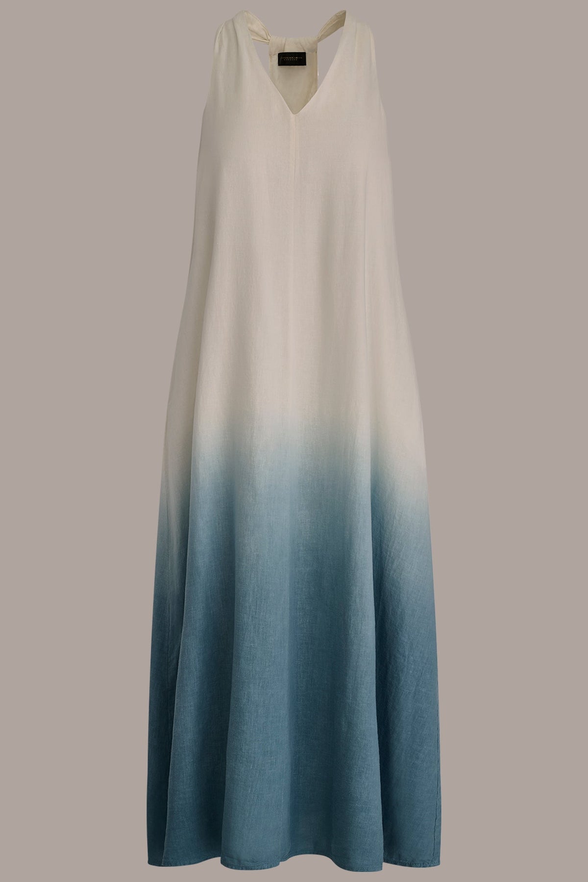 LINEN-BLEND SLEEVELESS OMBRÉ TWIST-BACK MIDI HALTER DRESS - Washed Indigo Dip Dye
