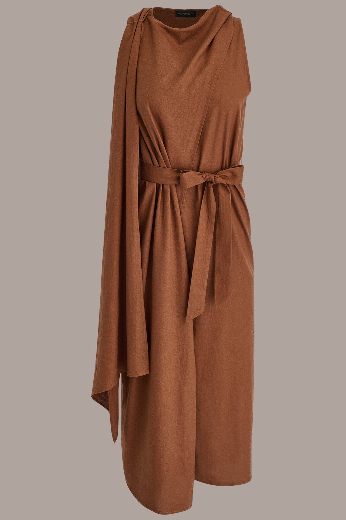 SLEEVELESS SCARF MIDI A-LINE DRESS - Cognac
