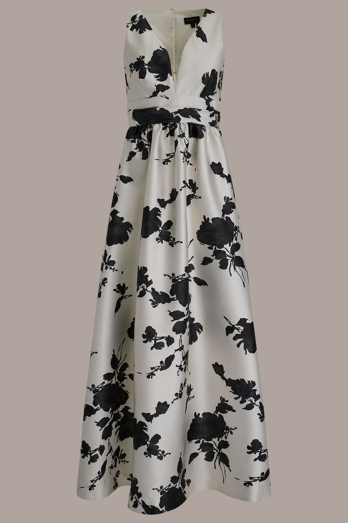MIKADO SLEEVELESS V-NECK FLORAL GOWN - Cream/Black