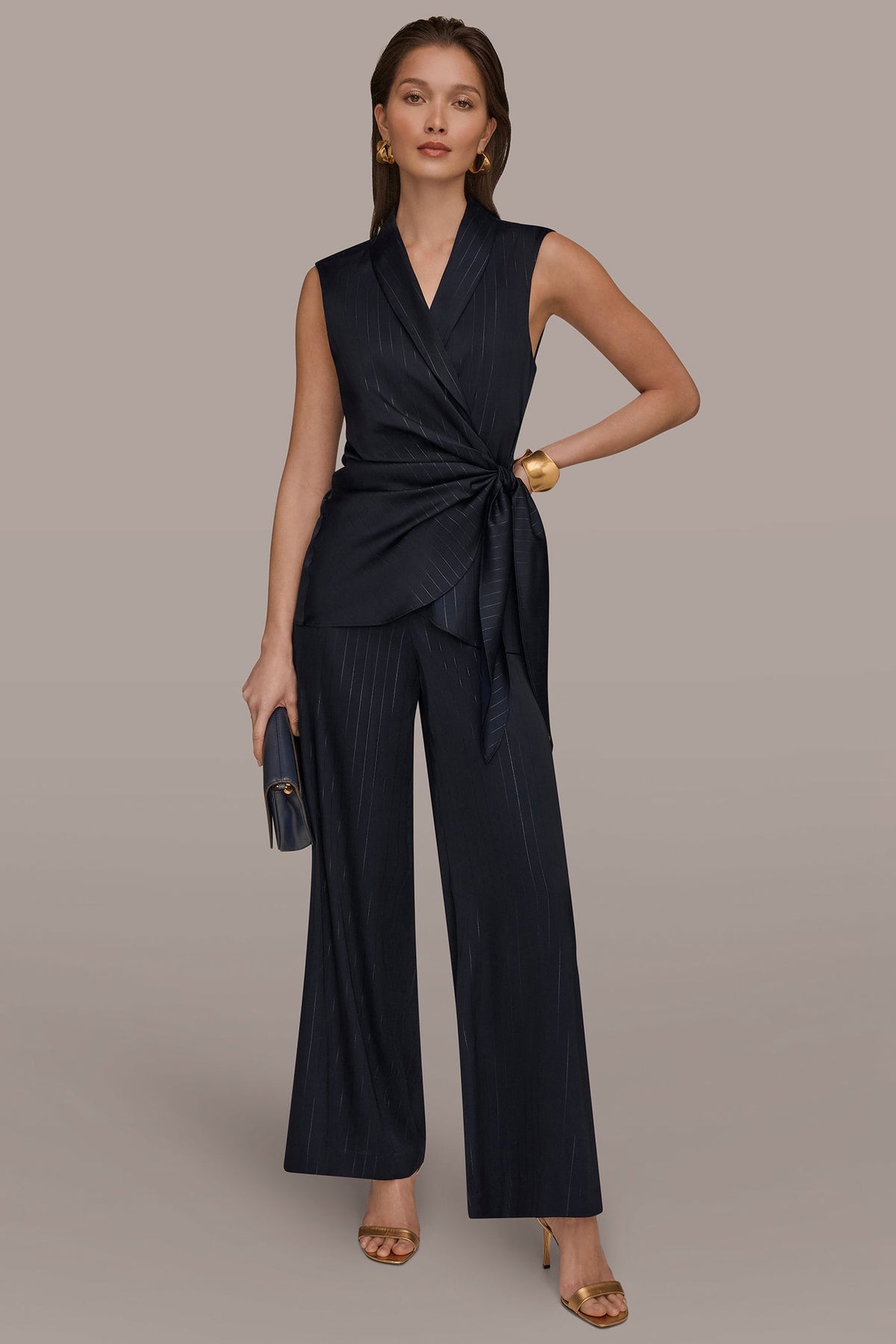 PINSTRIPE FAUX WRAP TOP - Navy