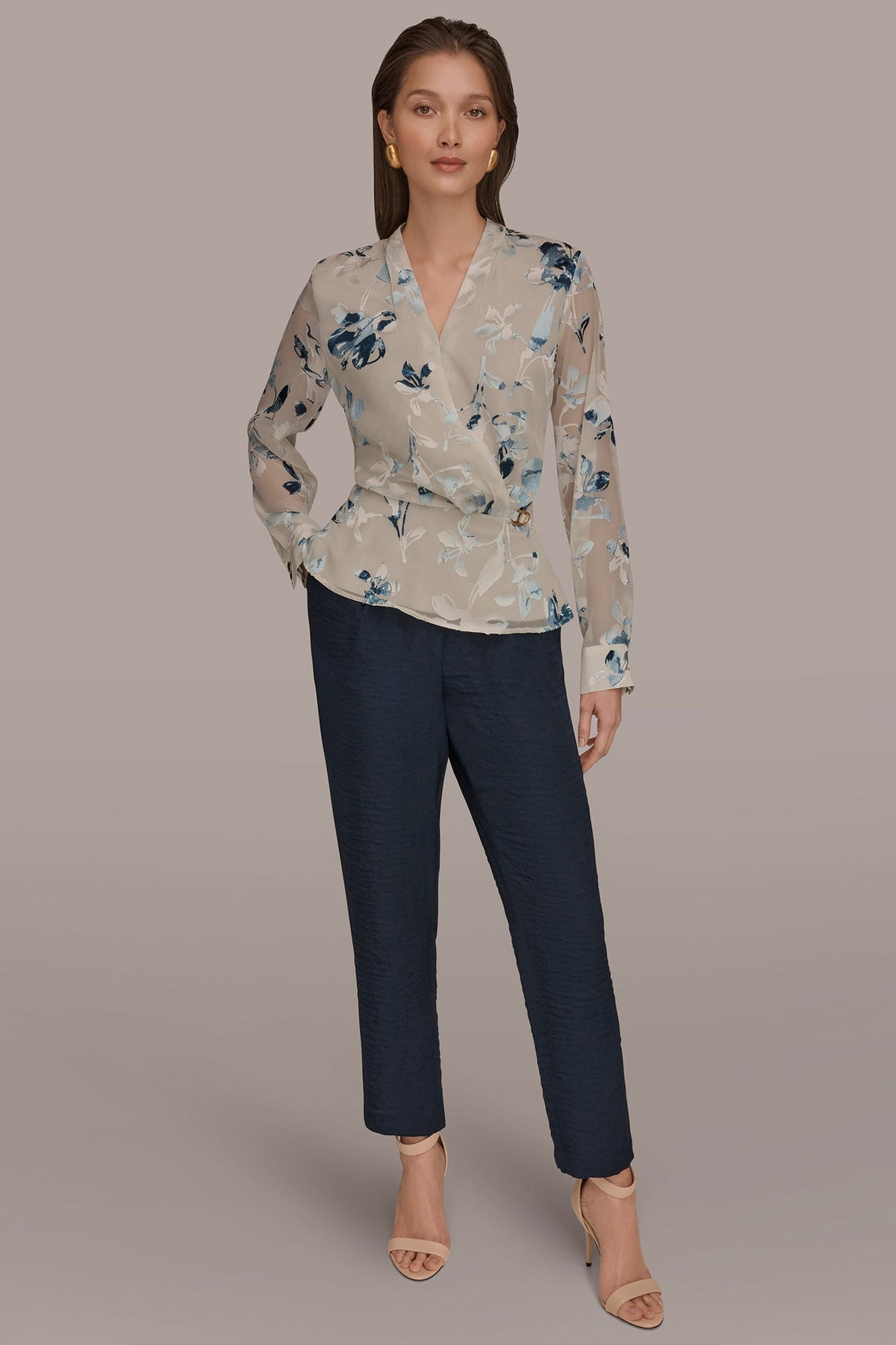 LONG SLEEVE BURNOUT FOIL WRAP BLOUSE - Sea Mist Multi