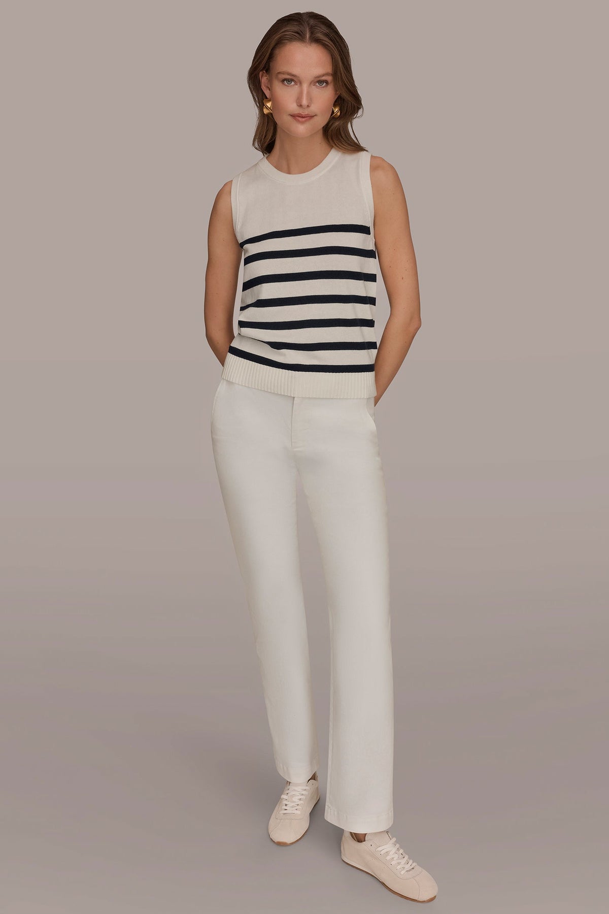 COTTON AND CASHMERE SLEEVELESS STRIPED SWEATER - Cream/Nightfall