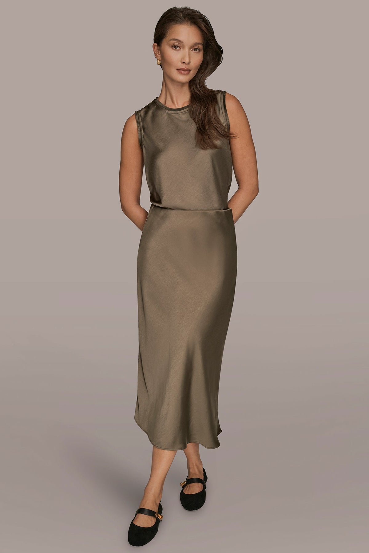 SATIN MIDI A-LINE SKIRT - UTILITY GREEN