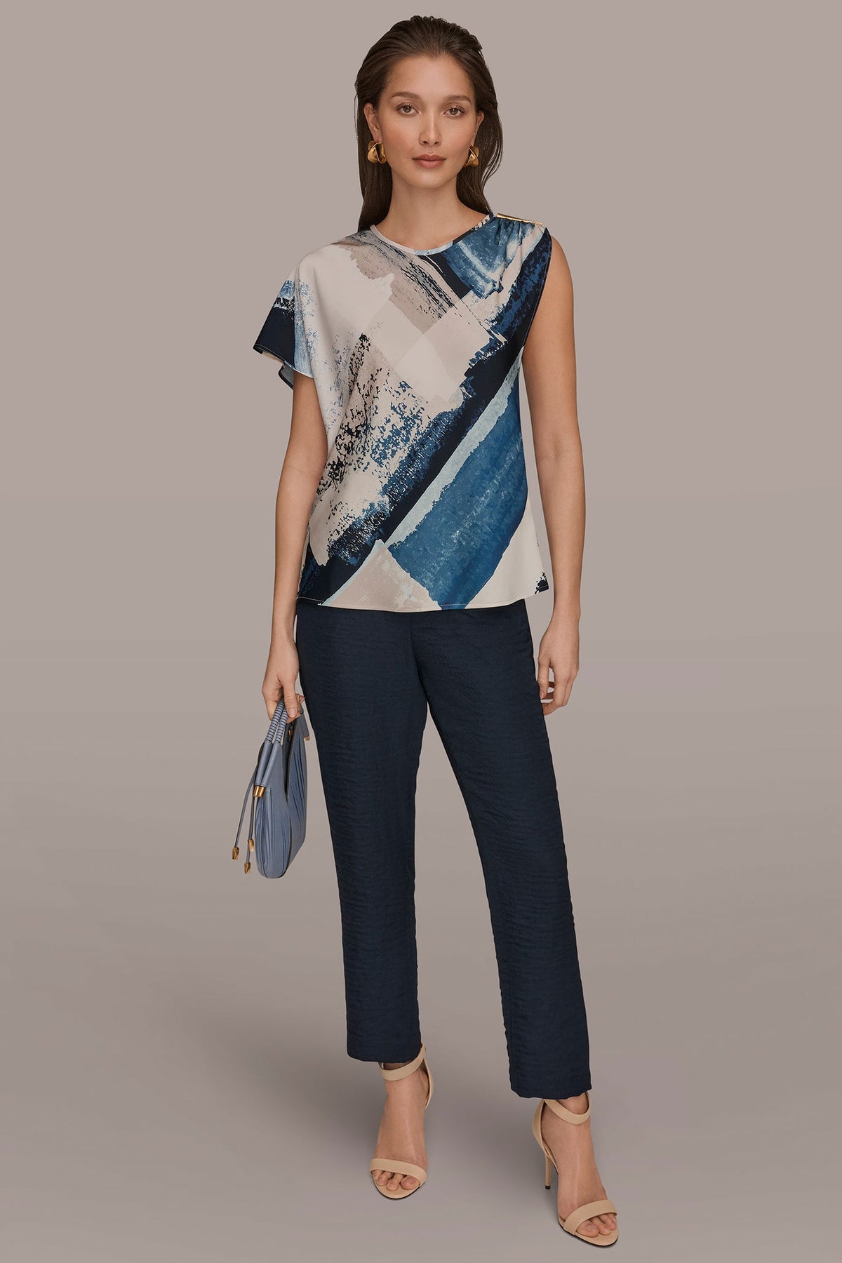 ASYMMETRICAL SHOULDER BLOUSE - Washed Indigo/Cream Multi