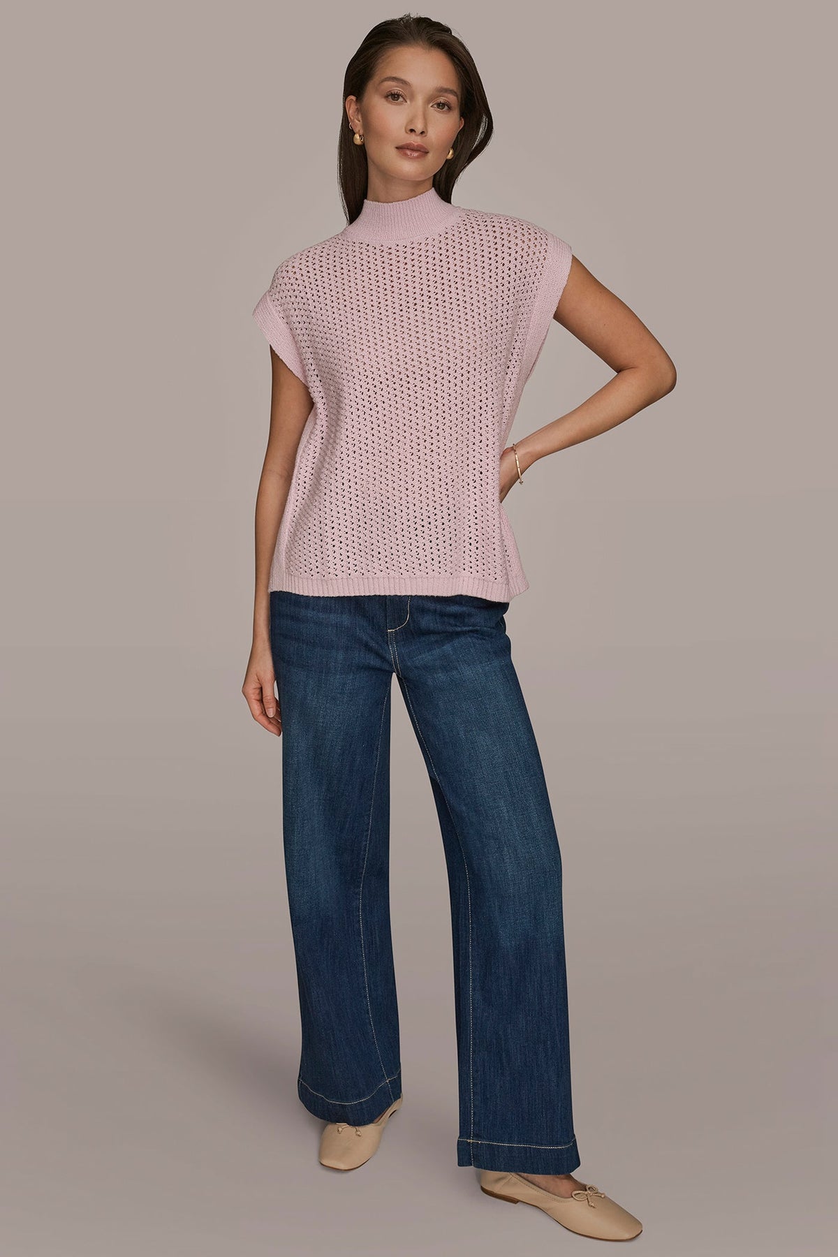 SLEEVELESS MOCK-NECK OPEN STITCH SWEATER - PINK WISTERIA