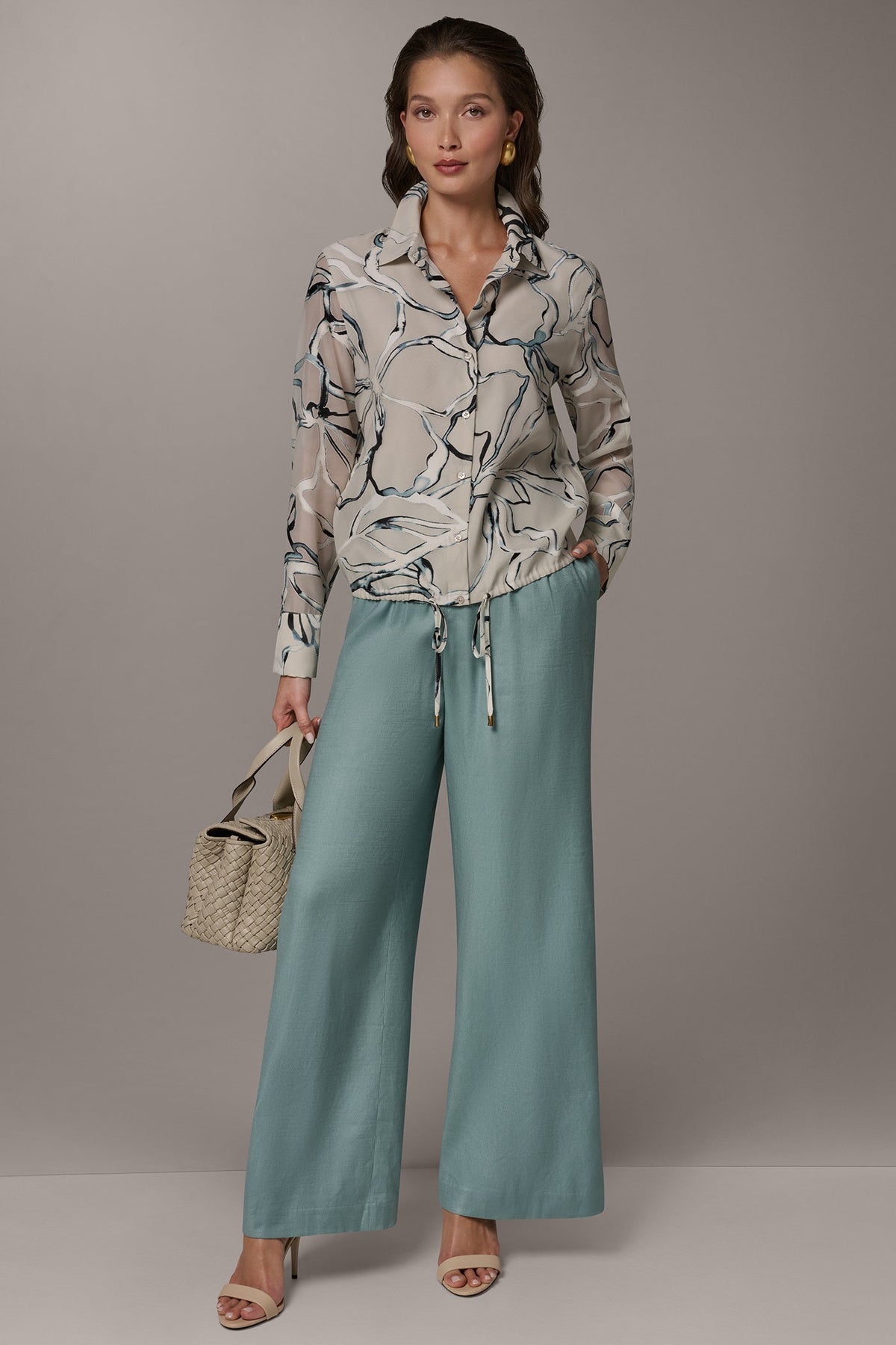 BURNOUT DRAWSTRING HEM BLOUSE - Aquamint Multi