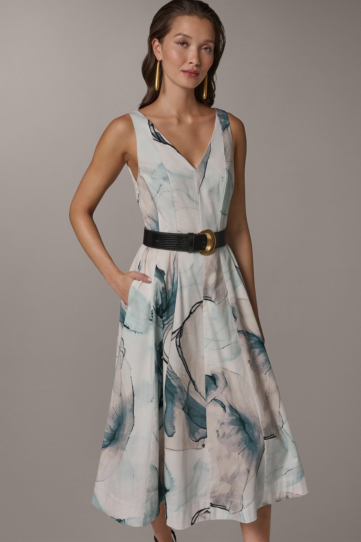 STRETCH-COTTON PRINTED MIDI FIT AND FLARE DRESS - Skylight Multi