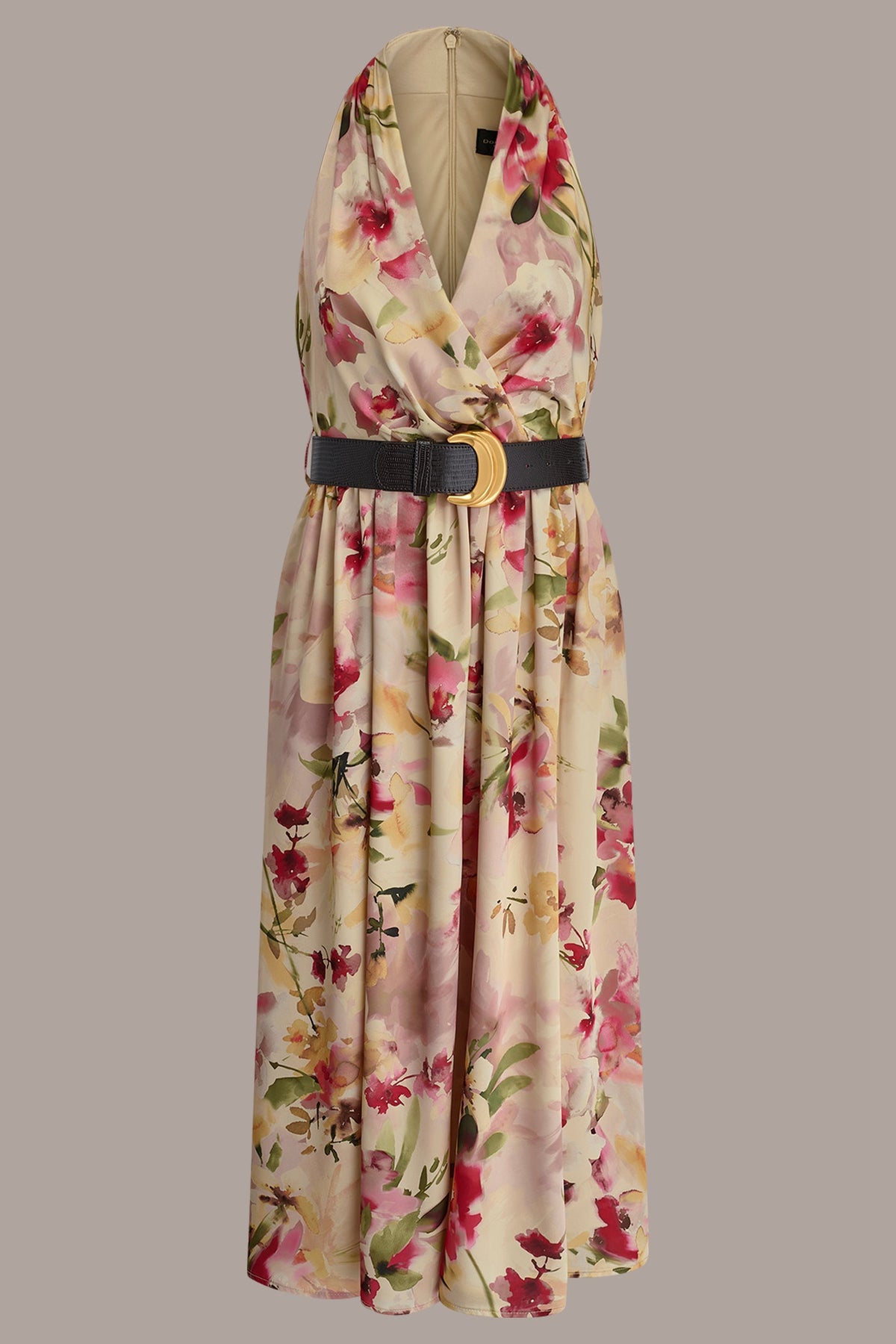 CHARMEUSE FLORAL WRAP-EFFECT MIDI HALTER DRESS - Eggshell Multi