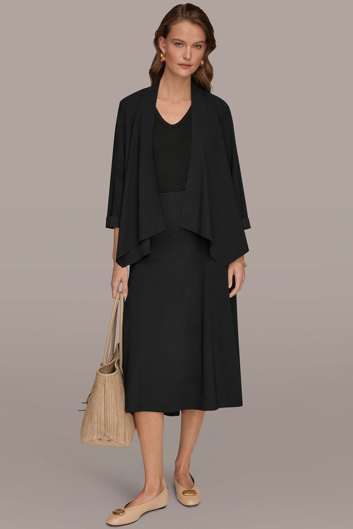 THE MODERN TRAVEL 3/4 SLEEVE SHAWL CARDIGAN JACKET - Black