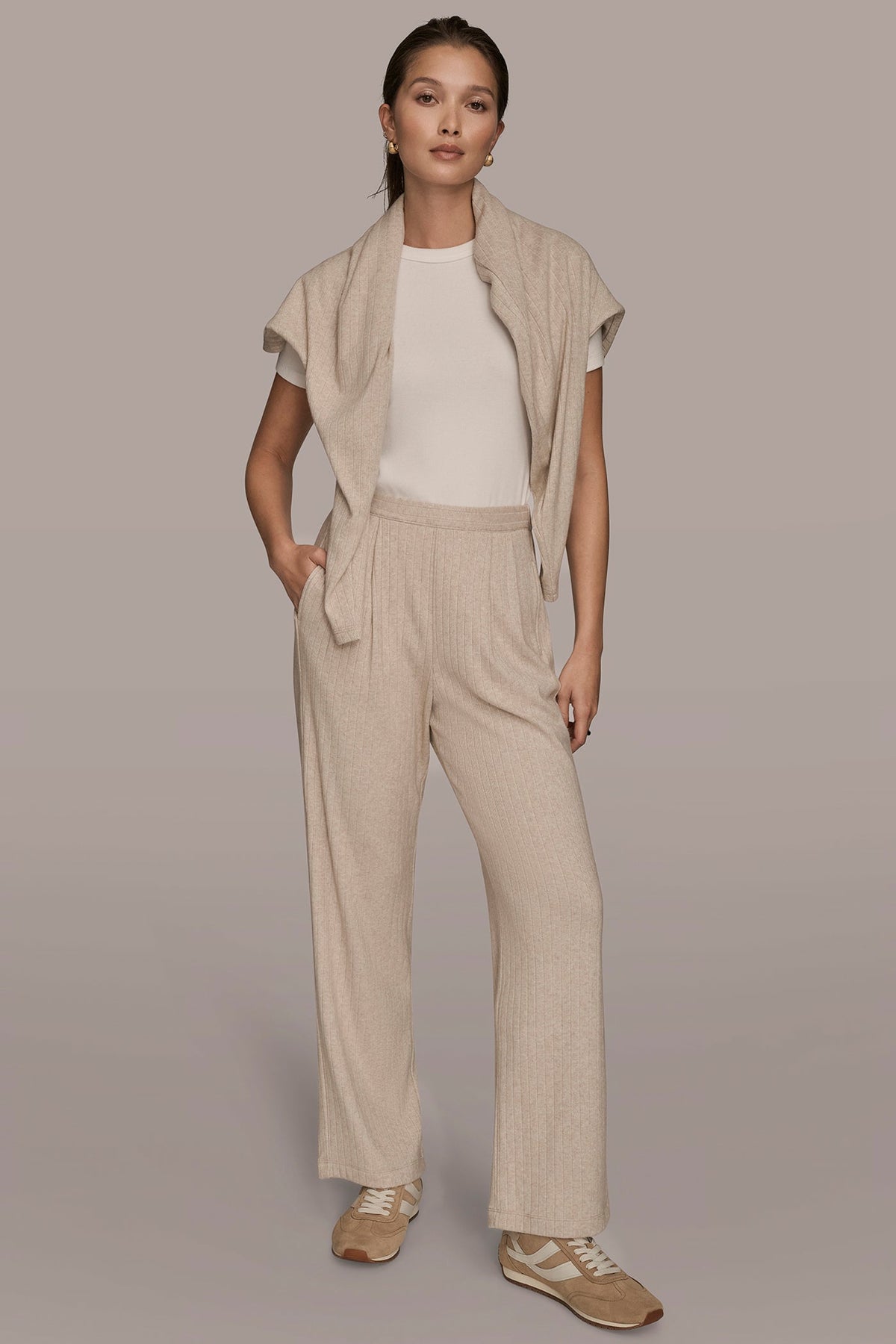 HIGH-RISE PLEATED PANT - LIGHT FAWN HEATHER