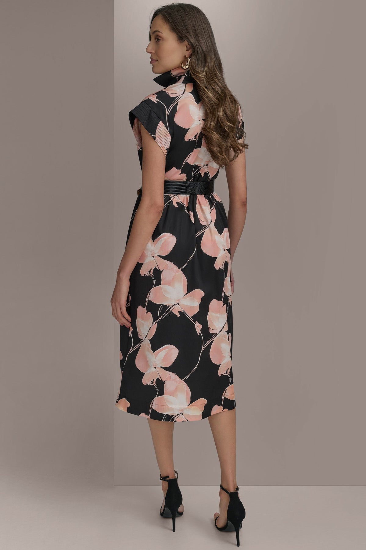 SATEEN CAP SLEEVE PRINTED SHIRT DRESS - BLACK MULTI