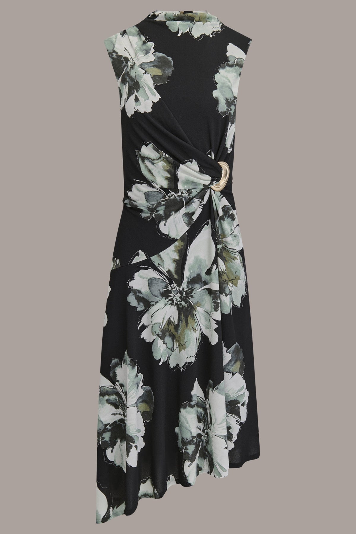 SLEEVELESS FLORAL TWIST ASYMMETRIC DRESS - Black