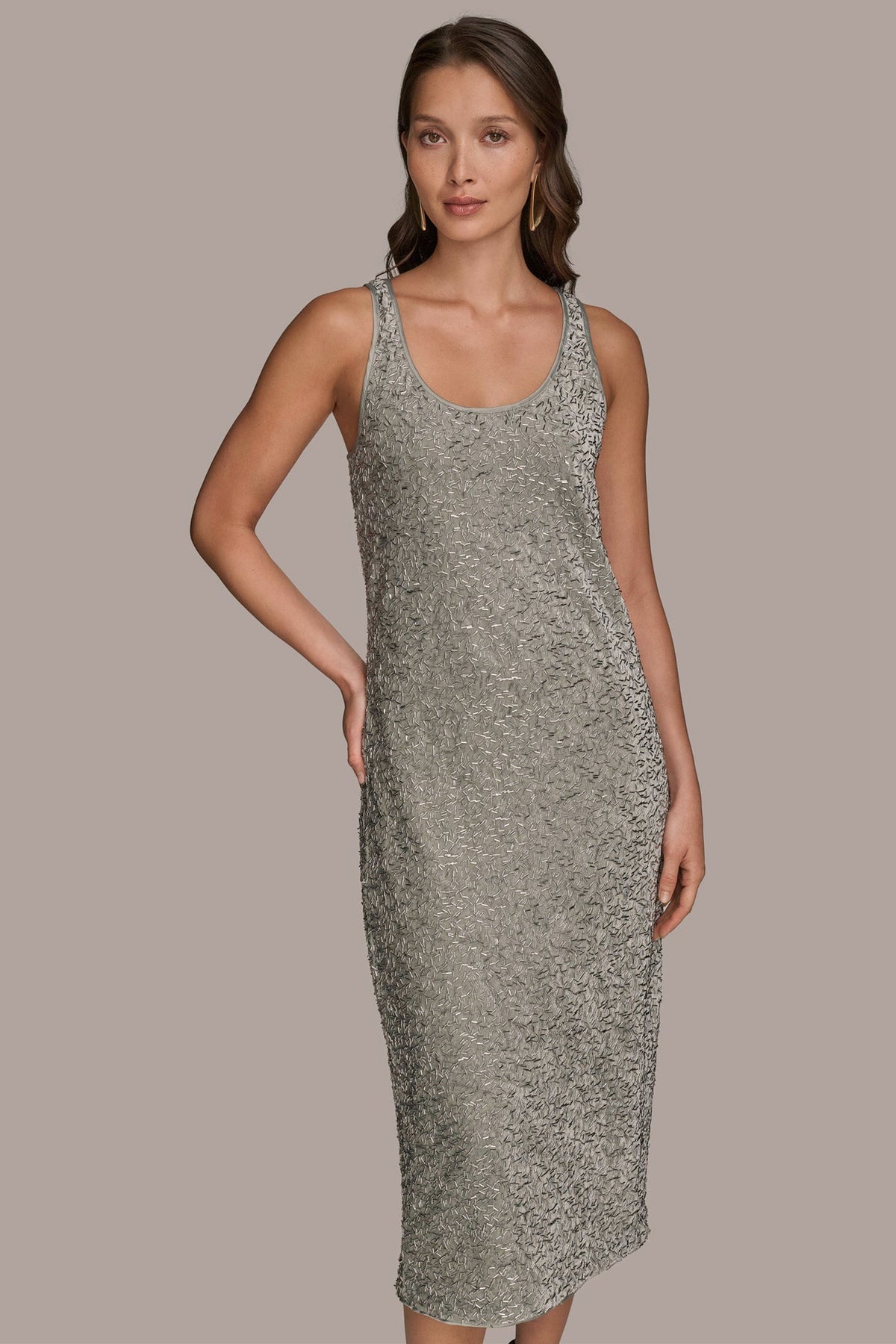 SLEEVELESS BEADED VELVET MIDI DRESS - WEATHERED SAGE/SILVER