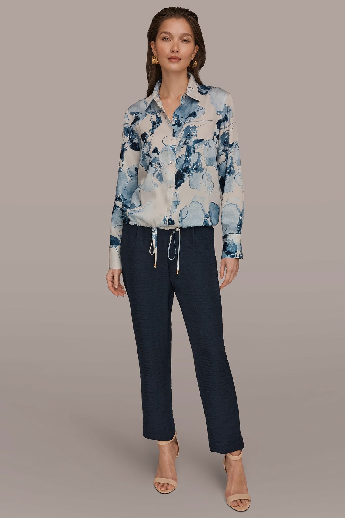DRAWSTRING HEM BLOUSE - Sea Mist Multi