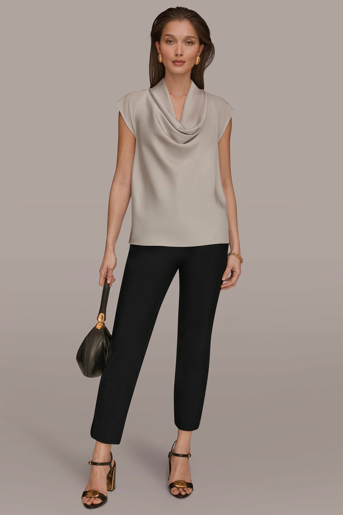 MIXED MEDIA COWL-NECK TOP - Tuscan Grey