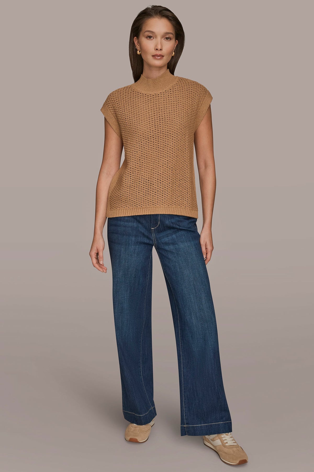 SLEEVELESS MOCK-NECK OPEN STITCH SWEATER - FAWN