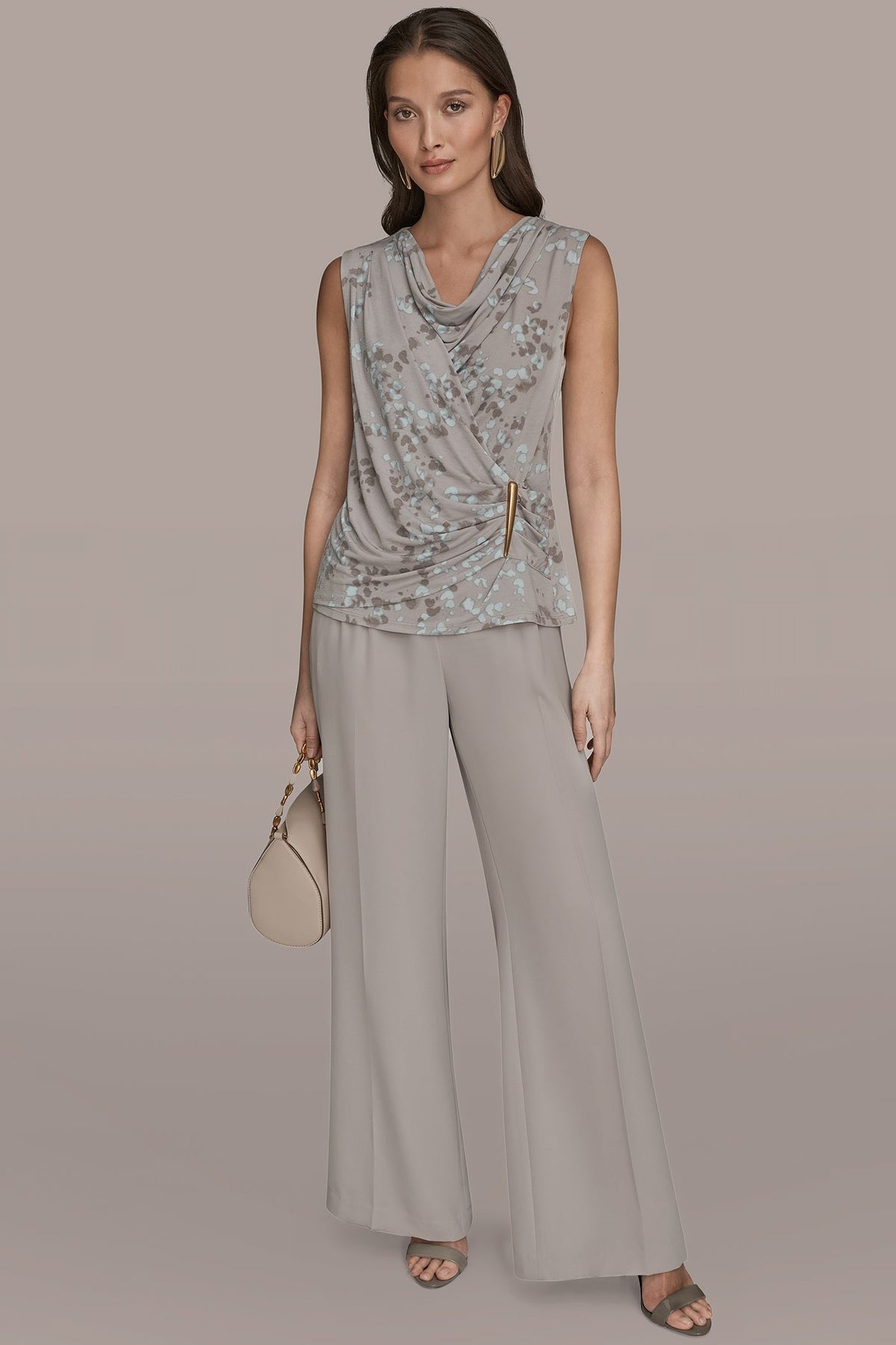 PRINTED SLEEVELESS COWL-NECK WRAP TOP - MIST MULTI