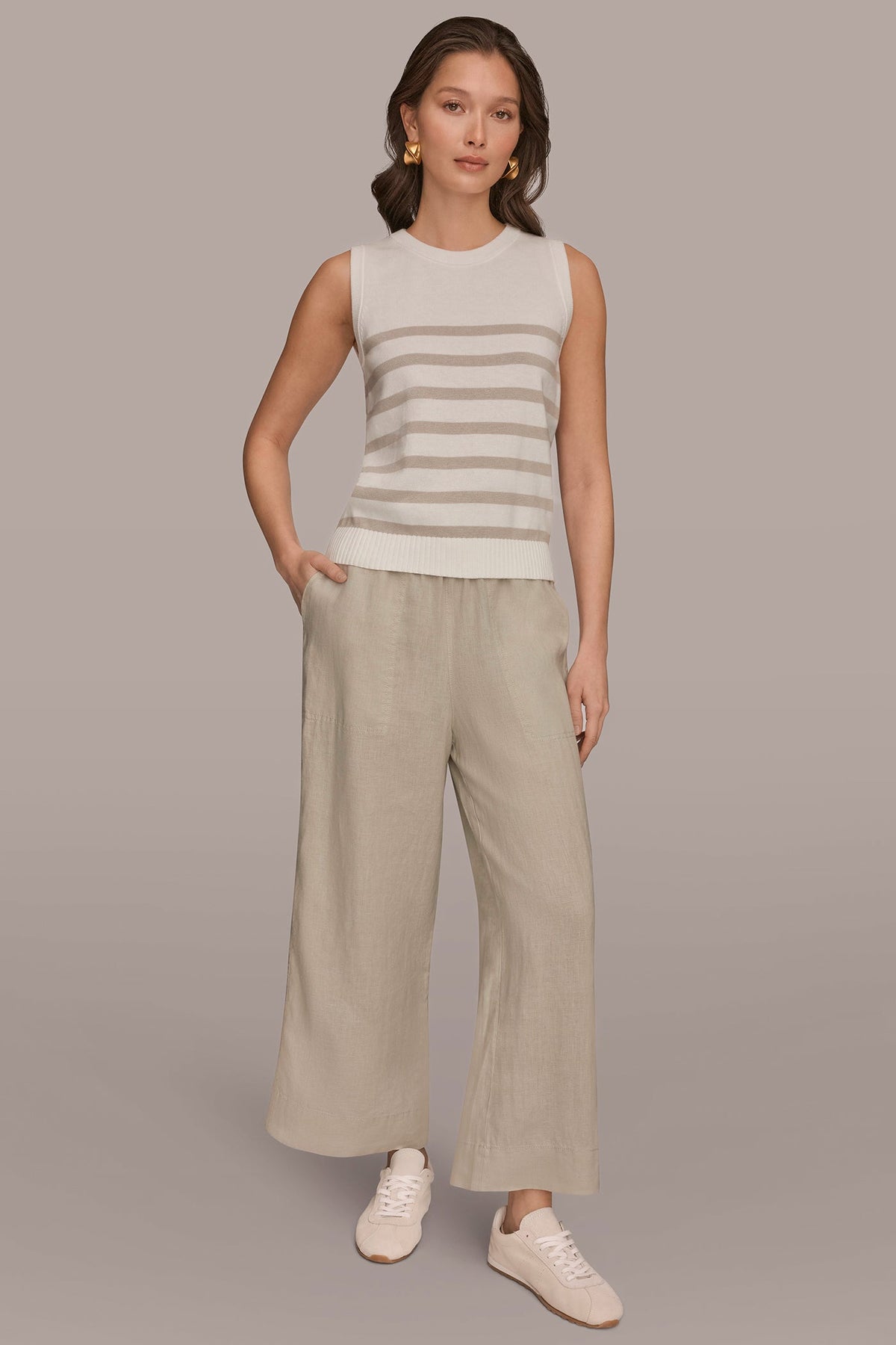 COTTON AND CASHMERE SLEEVELESS STRIPED SWEATER - Cream/Tuscan Grey