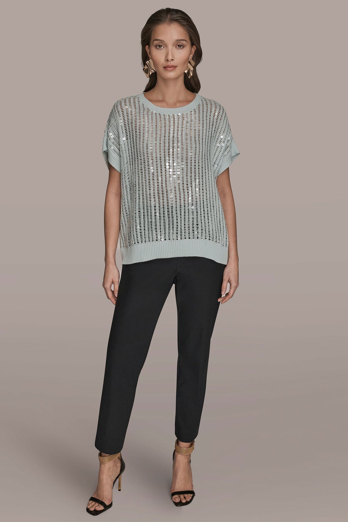 COTTON-BLEND SEQUIN OPEN-KNIT SWEATER - MIST