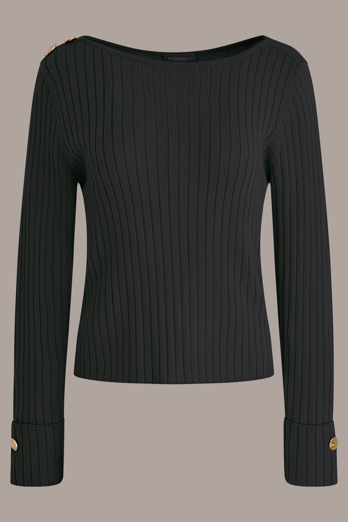 LONG SLEEVE BOATNECK RIBBED BUTTON SWEATER - Black
