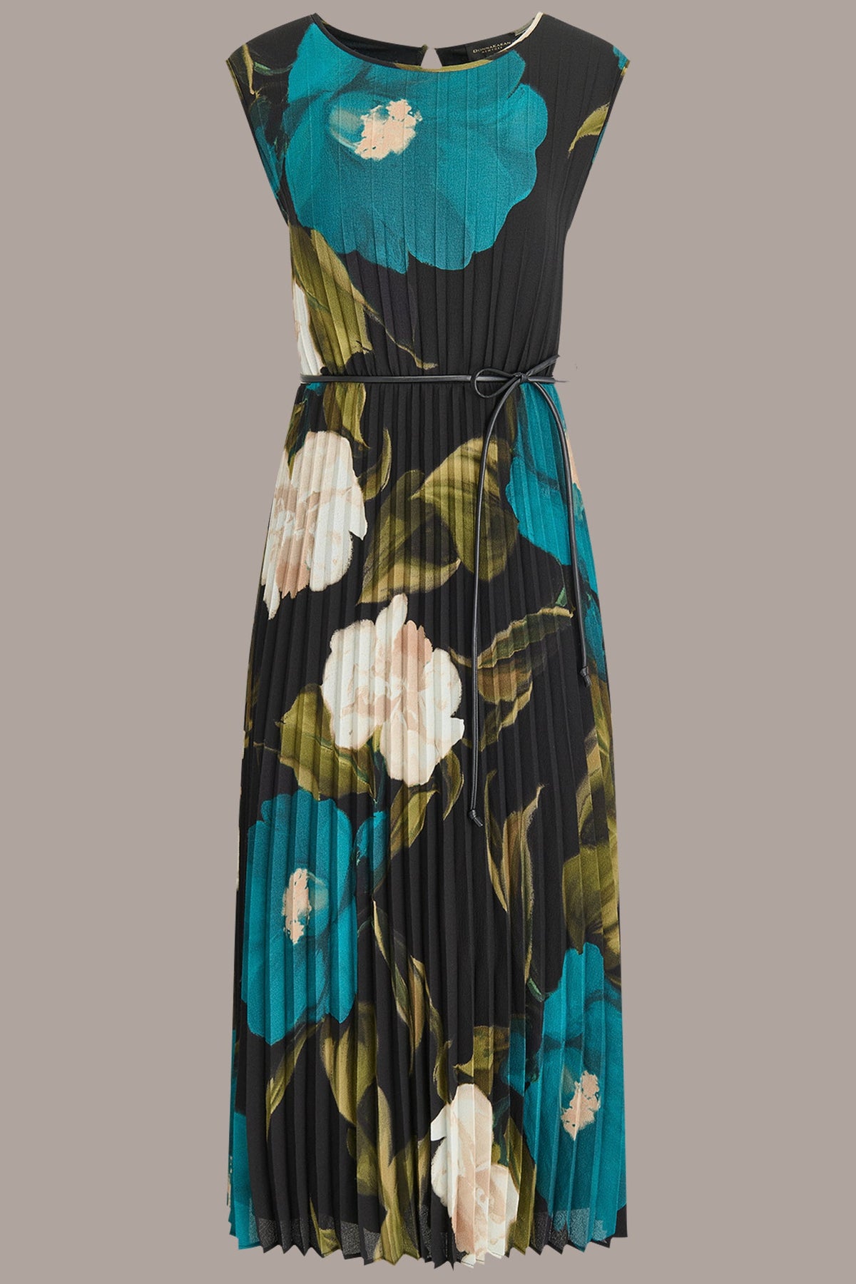 CHIFFON FLORAL PLEATED MAXI DRESS - MIDNIGHT GREEN MULTI