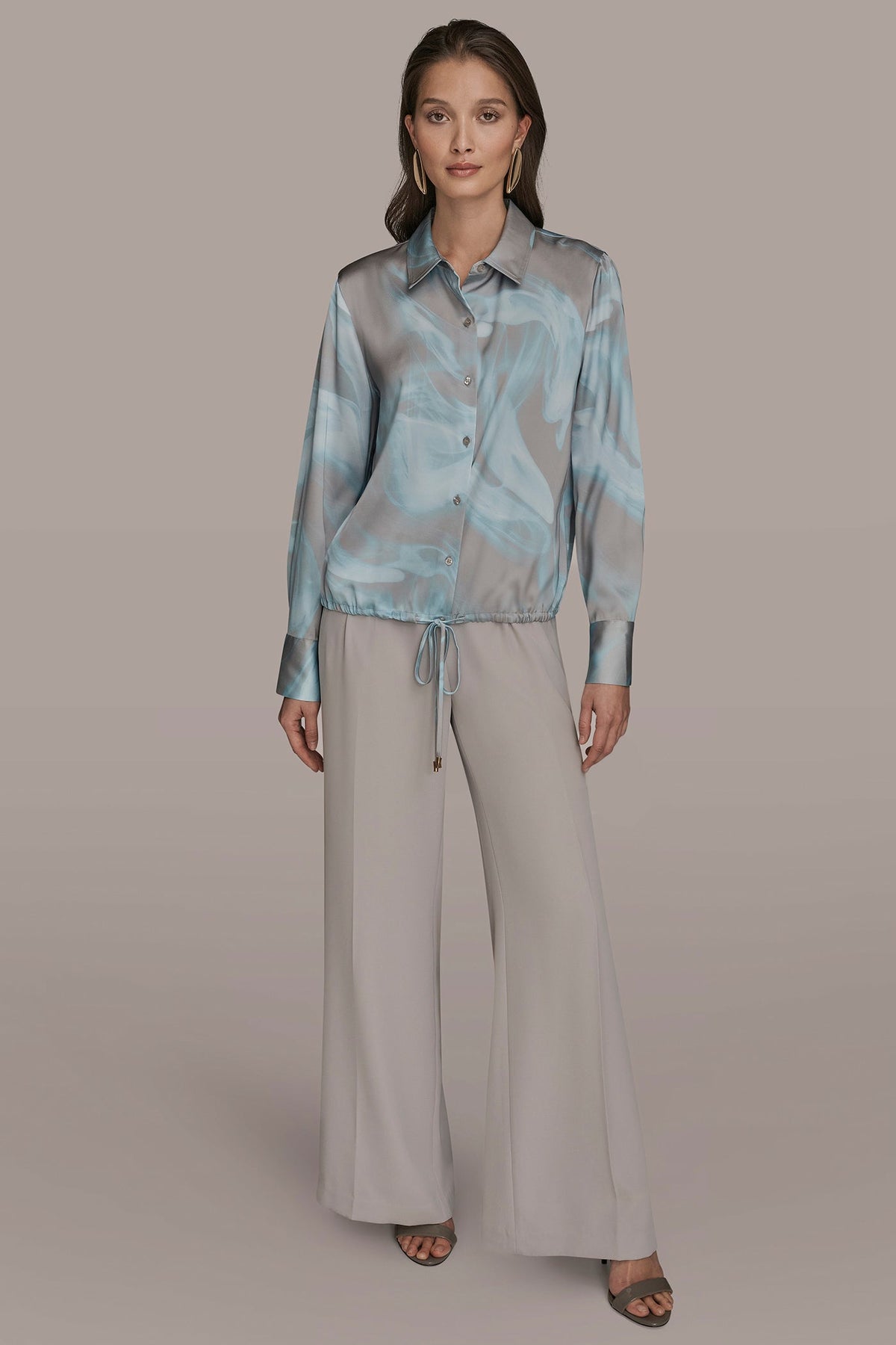 LONG-SLEEVE PRINTED DRAWSTRING BLOUSE - Misty Haze