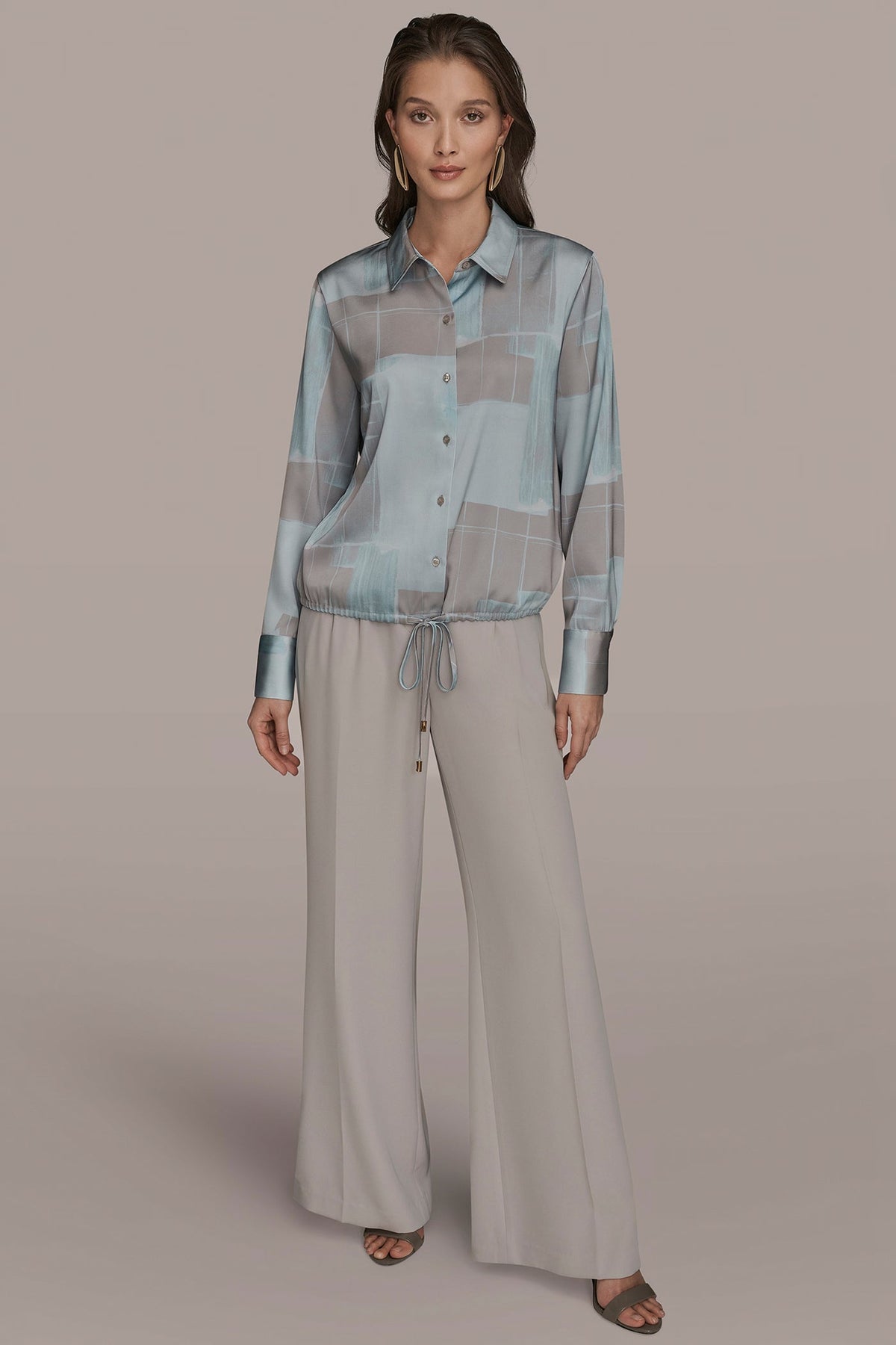 LONG-SLEEVE PRINTED DRAWSTRING BLOUSE - Mist Combo