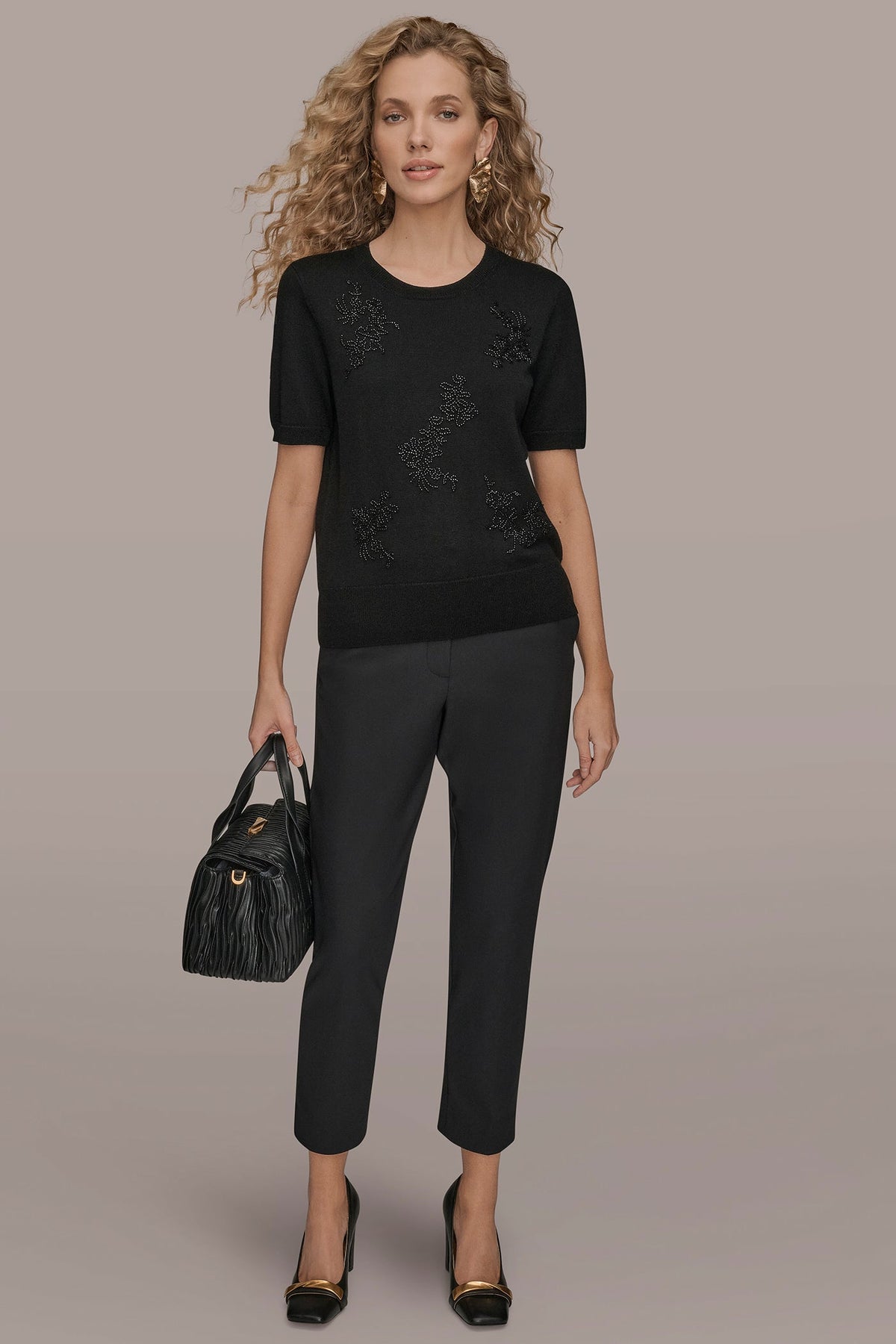 SHORT-SLEEVE FLORAL WOOL SWEATER - Black