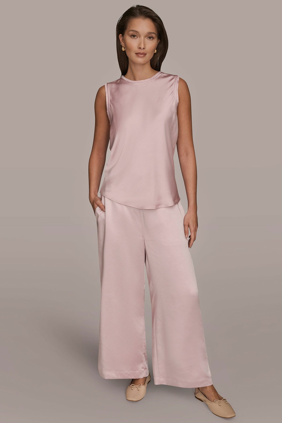 SATIN FRINGE-TRIMMED SLEEVELESS BLOUSE - PINK WISTERIA